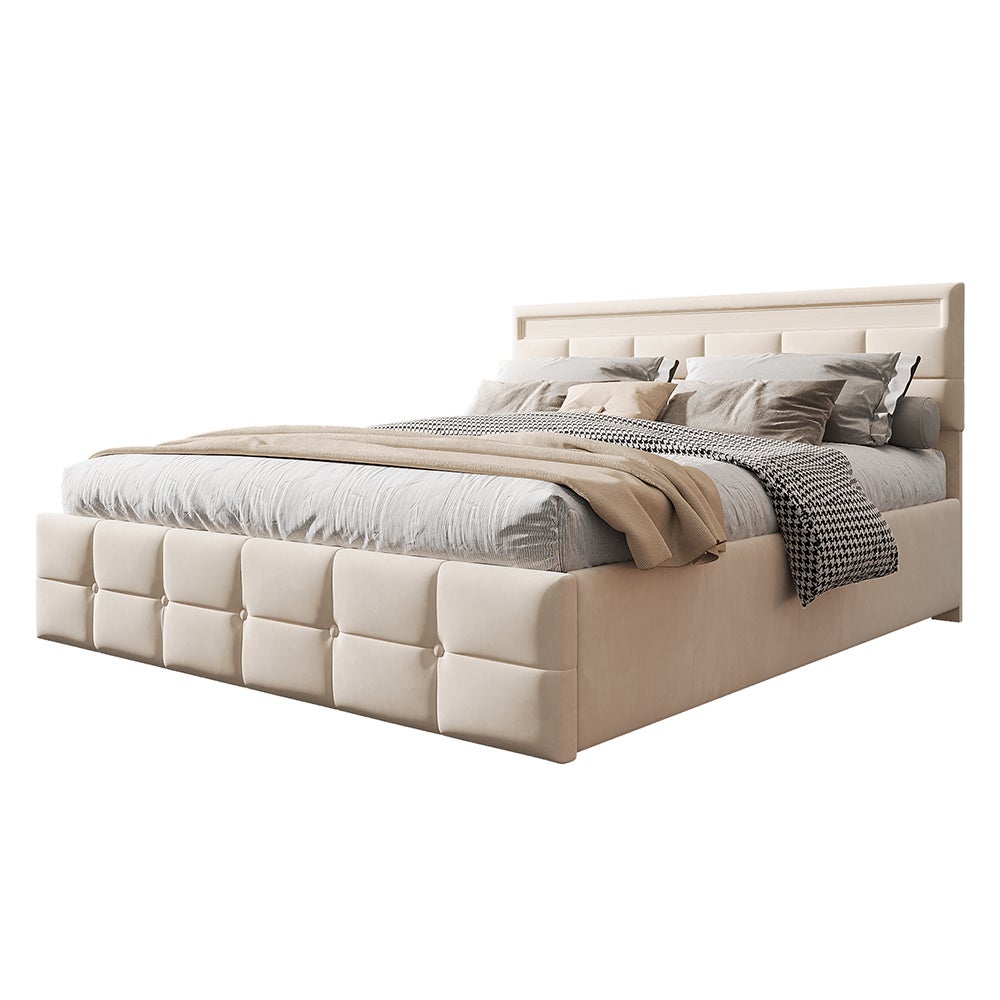 Lit rembourré 180*200 cm, éclairage LED, sommier à lattes, tissu velours, beige - 4