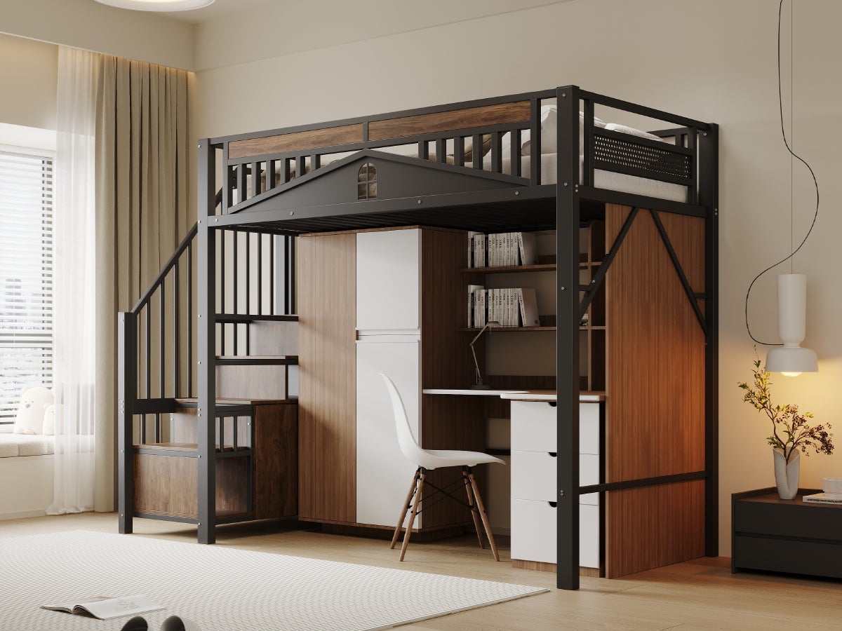Lit mezzanine en métal 90 x 200 cm, enceinte de sécurité unique avec fenêtre, échelle de sécurité avec casier, noir - 6