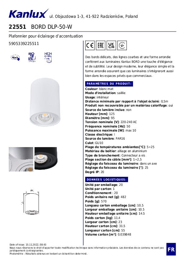 Plafonnier d’accentuation BORD – Aluminium blanc mat – Ø95mm – GU10 - 9