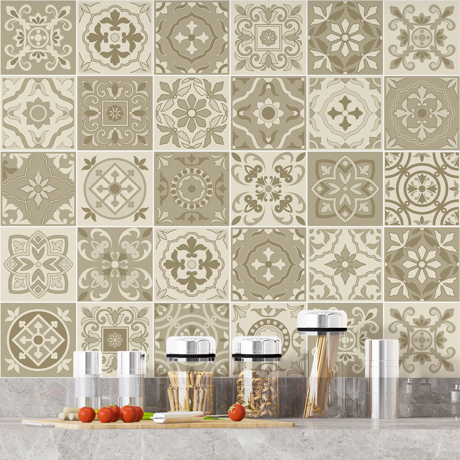 Crédence adhésive sticker décoratif pour cuisine - Effet carreaux de ciment - Adhésif + Protection MATE - 60x60 cm - 4