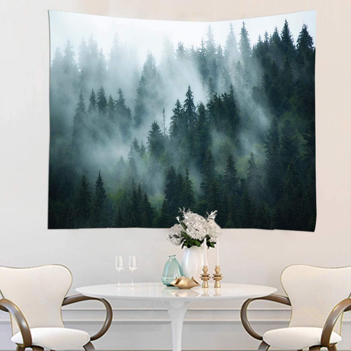 Gobelin z motywem mglistego lasu o wymiarach 200 x 150 cm do powieszenia na ścianie, wzór naturalnego krajobrazu i lasu, dekoracja ścienna do sypialn - 2