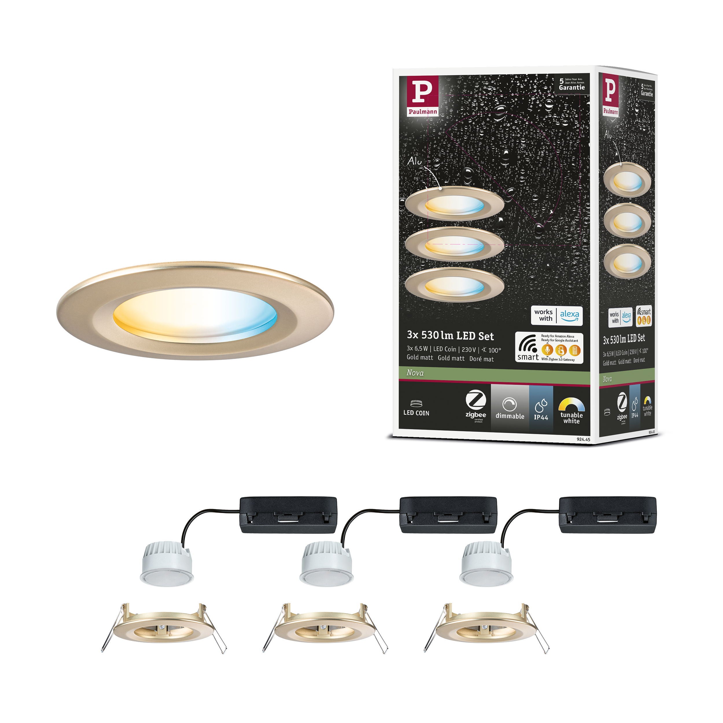 Spot encastré LED Nova Coin IP44 rond 78 mm Tunable White 3x6W 3x530lm 230V Doré mat Aluminium
