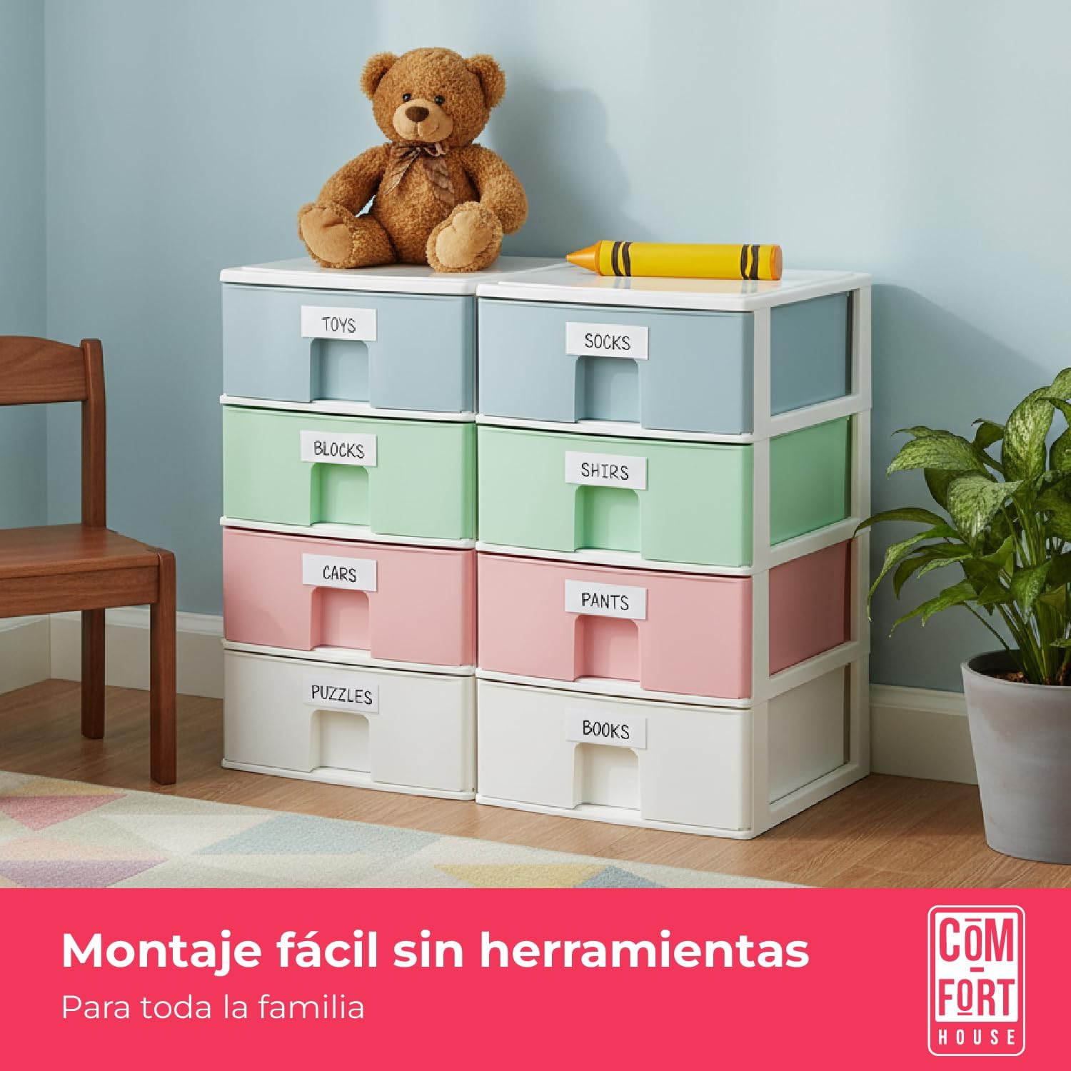 COM-FORT HOUSE | Cajonera Apilable de Plástico | Modelo Multicolor | Color Blanco | Modelo de 4 Cajones | Cajones de Almacenamiento Modular - 6
