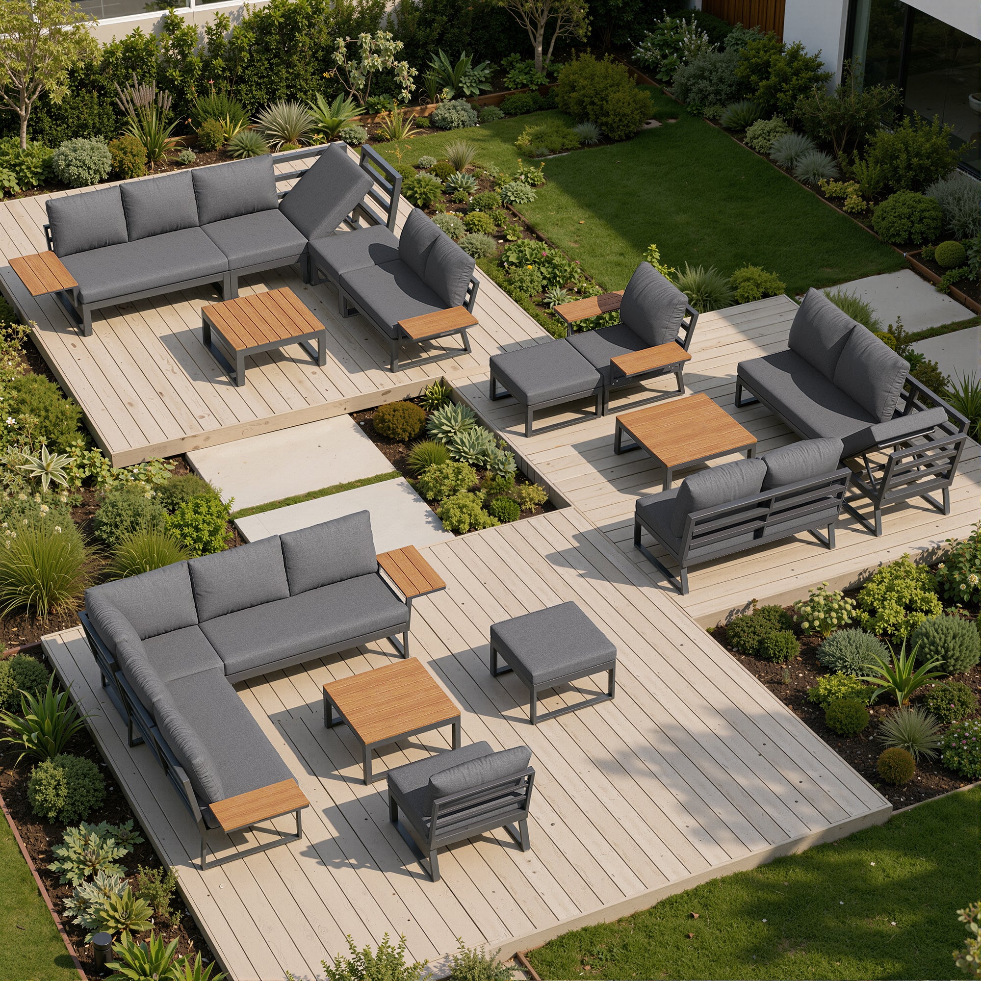 Salon de jardin inclinable en fer 7 places : 1 canapé d'angle 5 places + 1 fautueil + 1 tabouret + 1 table basse carrée - Gris - 9