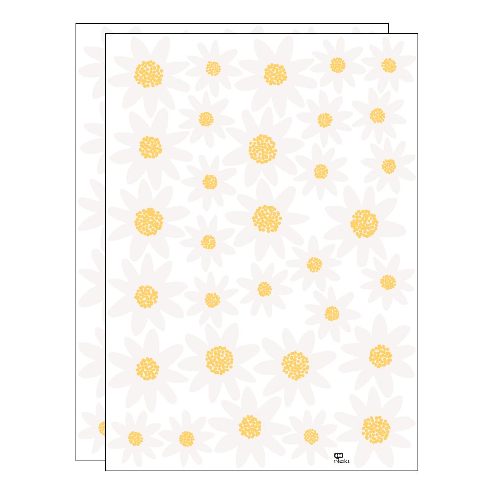 Adhesivo decorativo flor margarita blanco y amarillo. 2 láminas = 64 margaritas adhesivas