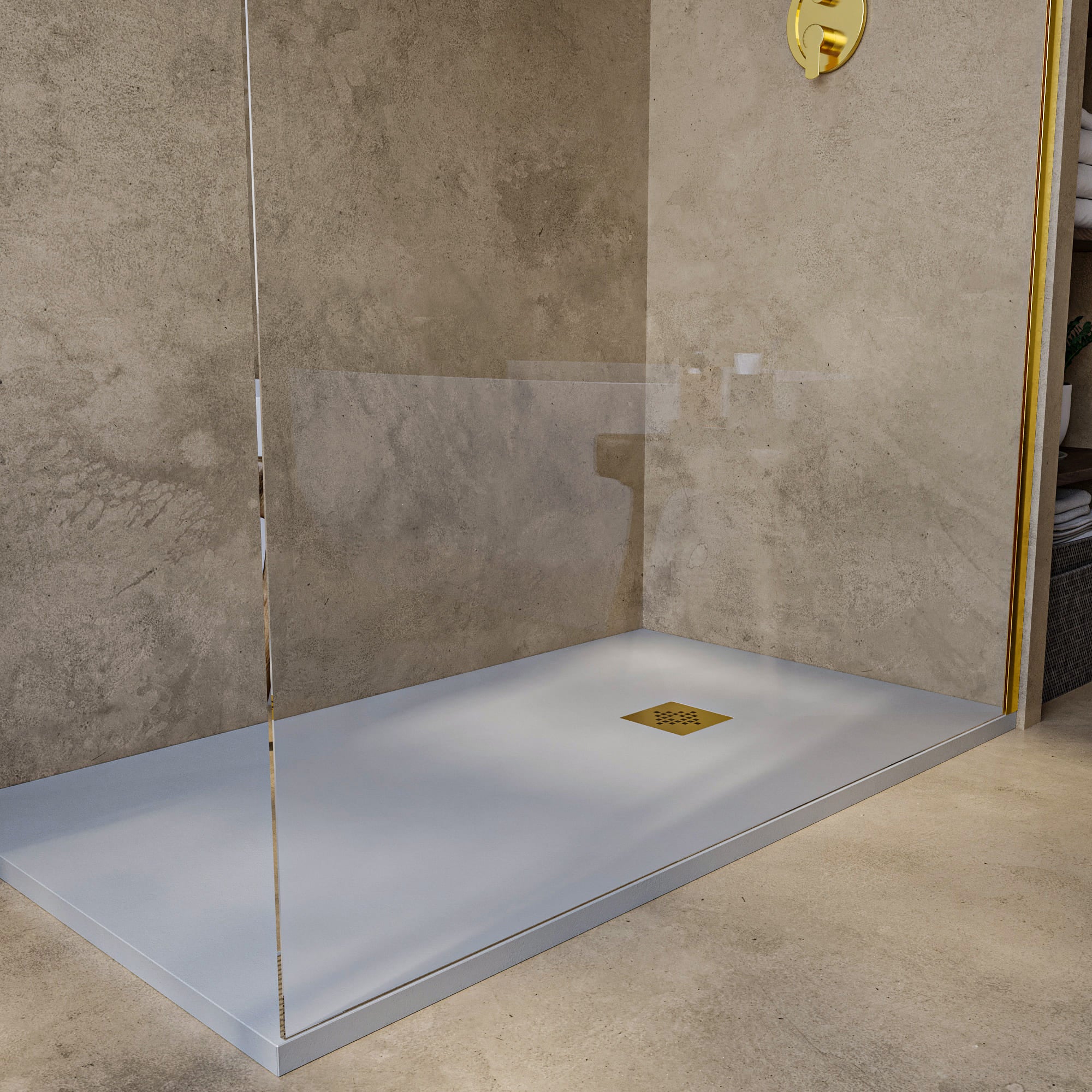 SOULHOME Brodzik prysznicowy– Żywica– Gel Coat– Gładka/Kamienna tekstura – Antypoślizgowy – jasnoszary – 130X75- Niski 3 cm– Ruszt Złoty