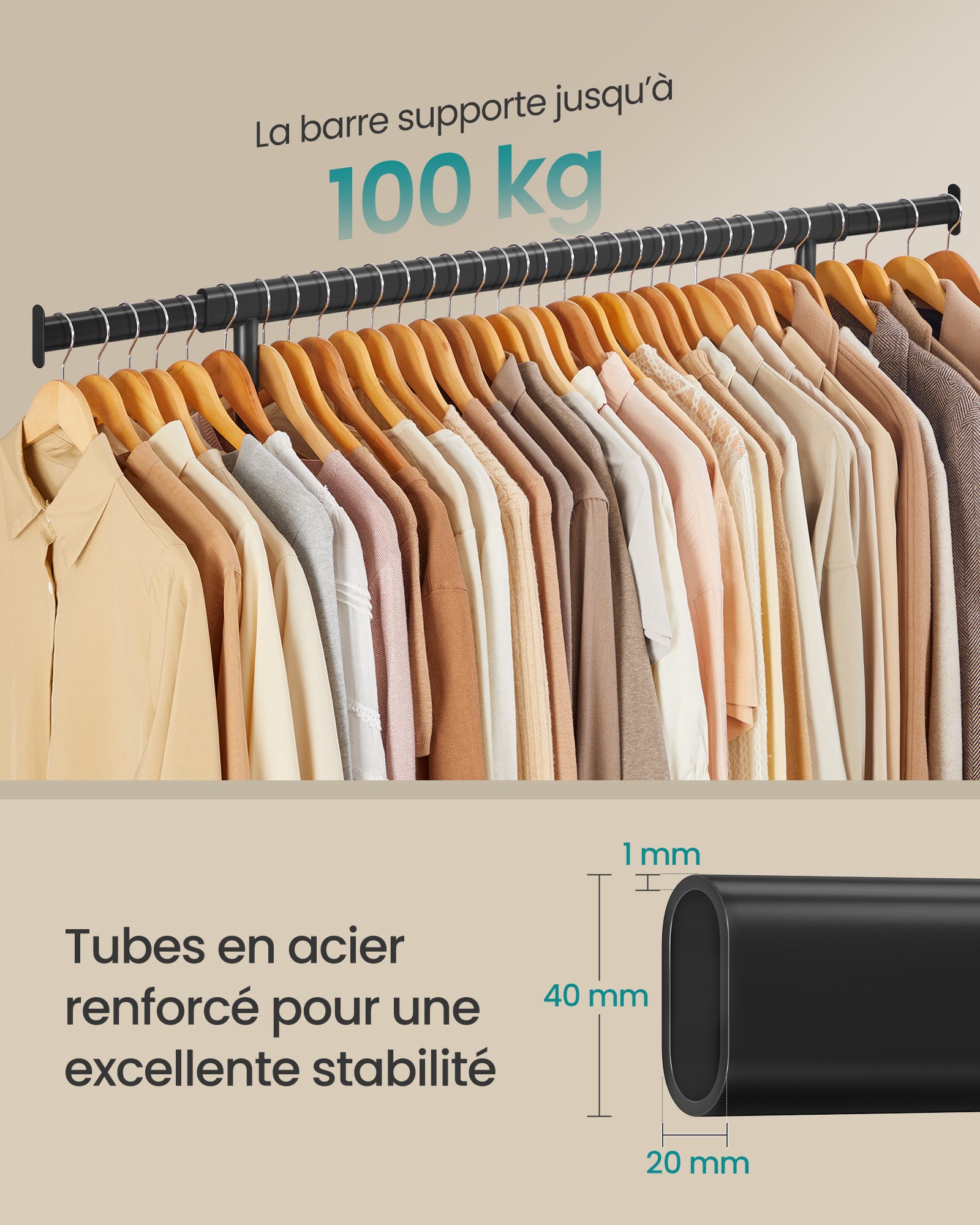 SONGMICS Portant à Vêtements avec roulettes, Tringle Extensible pour Charge Lourde, Porte-Manteau, Rangement Vêtement, Capacité de Charge 100 kg, Noir - 3