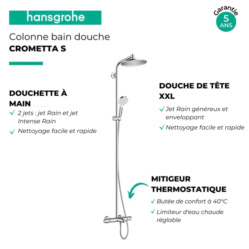 Colonne bain douche thermostatique HANSGROHE Crometta S 240 chromé + tablette Addstoris - 3
