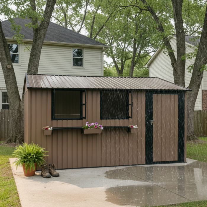 Abri Jardin 10,21 m² – Acier Galvanisé, 3 Fenêtres, Portes Doubles, Imperméable – Marron/Noir - 7