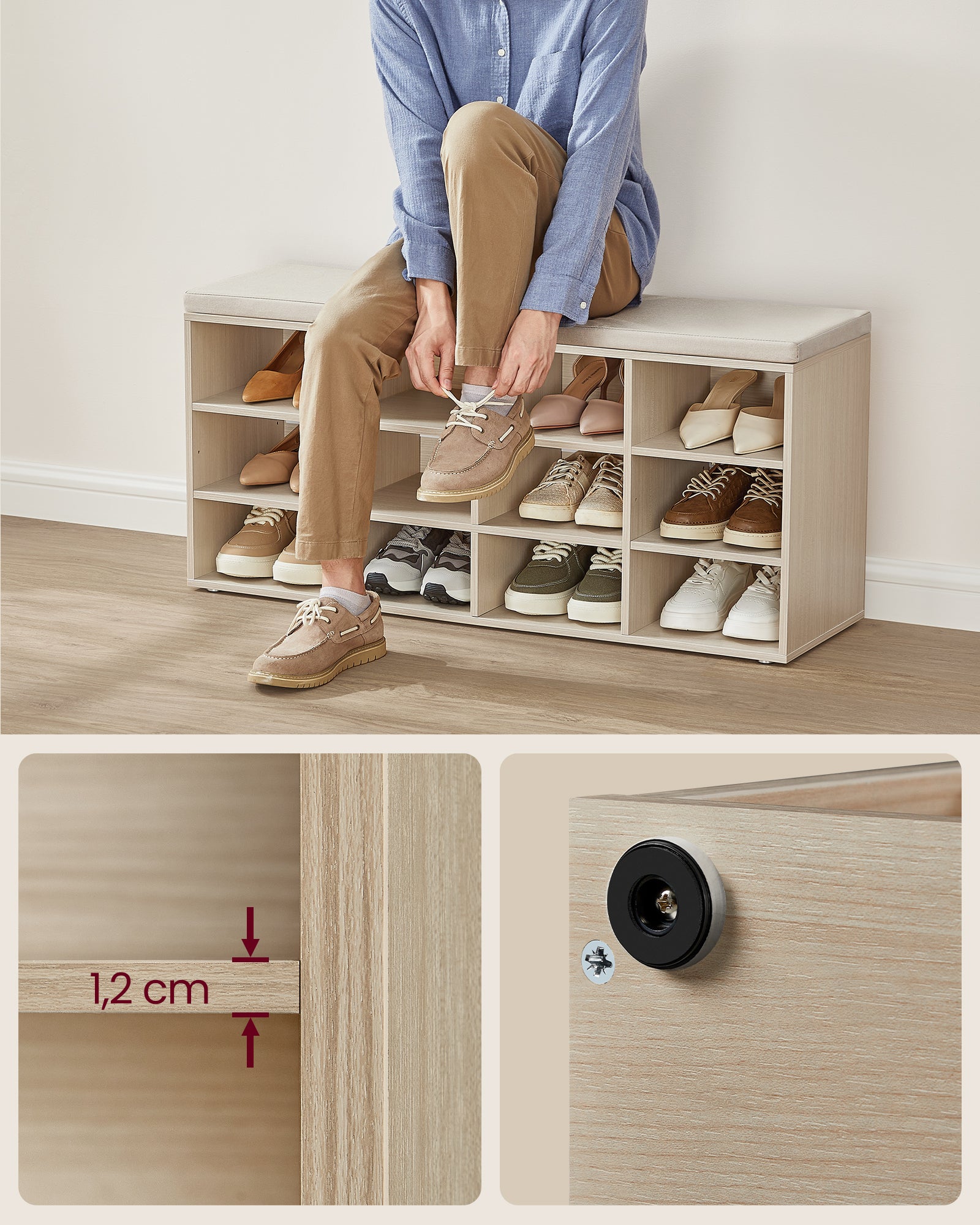Banc à Chaussures, Assise Rembourrée et 12 Compartiments, Étagère Porte-chaussures, Capacité de Charge 136 kg, Beige Naturel - 6