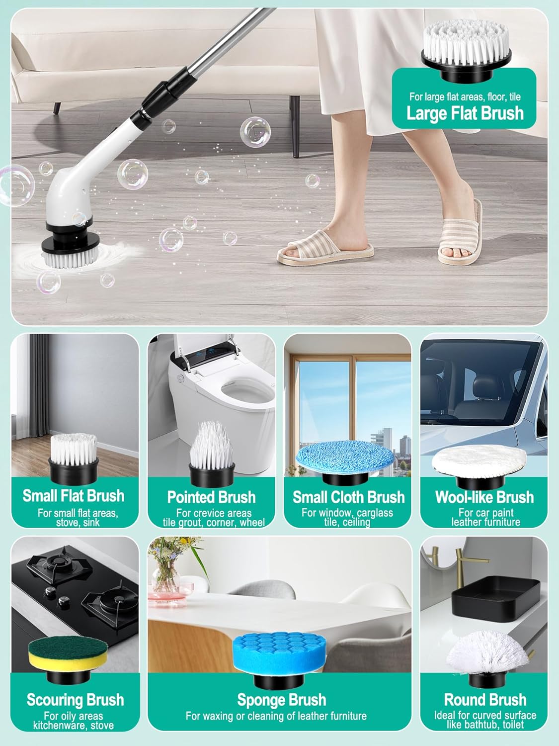Brosse Électrique Rotative - Nettoyage Puissant avec 9 Têtes Remplaçables, Poignée Réglable, Usage Salle de Bain, Cuisine, Voiture - 5