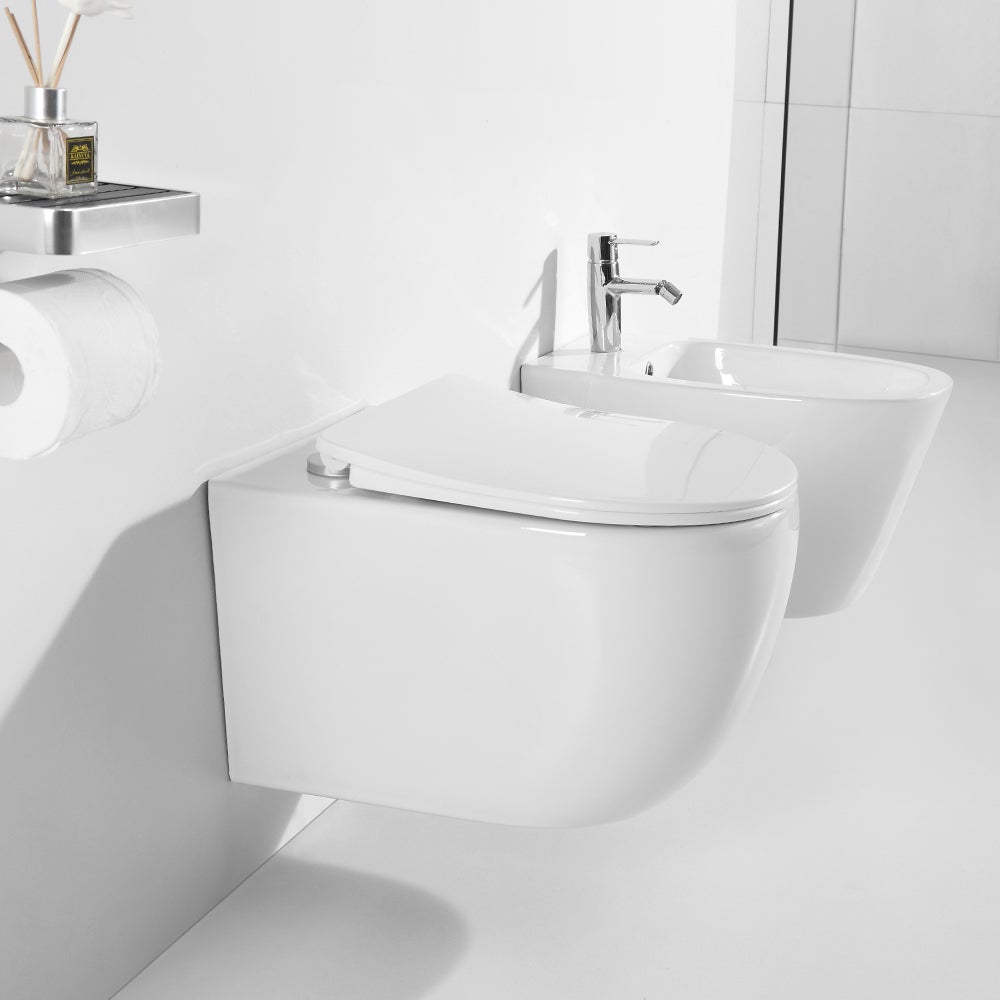 Toilettes suspendues, double chasse d'eau, toilettes suspendues en céramique blanche avec mécanisme de fermeture amortie et abattant amovible HOROW - 6