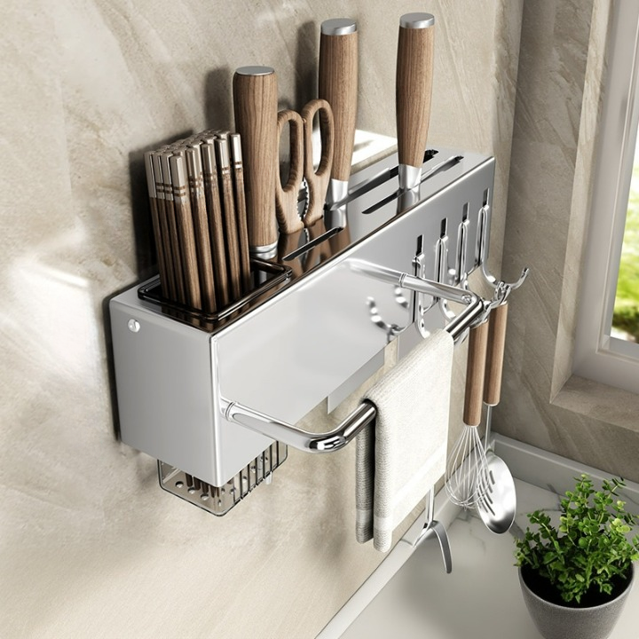 Uchwyt na noże kuchenne ze stali nierdzewnej, 4 metalowe haki, 30*6*6,7 cm