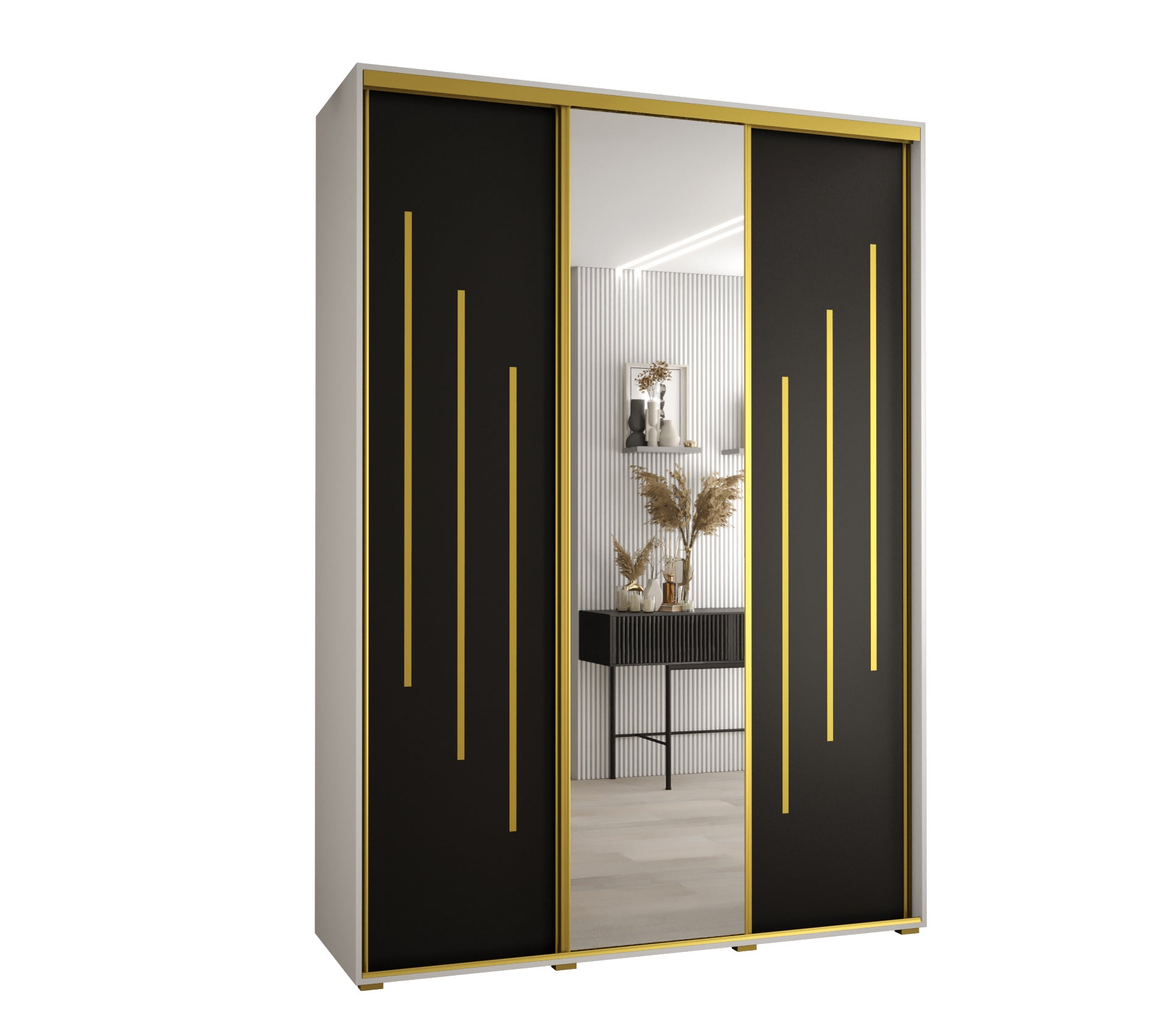 Szafa przesuwna z lustrem wysoka Davos 9 180 x 45 x 235,2 cm biały + czarny + u. złoty - Abiks Meble