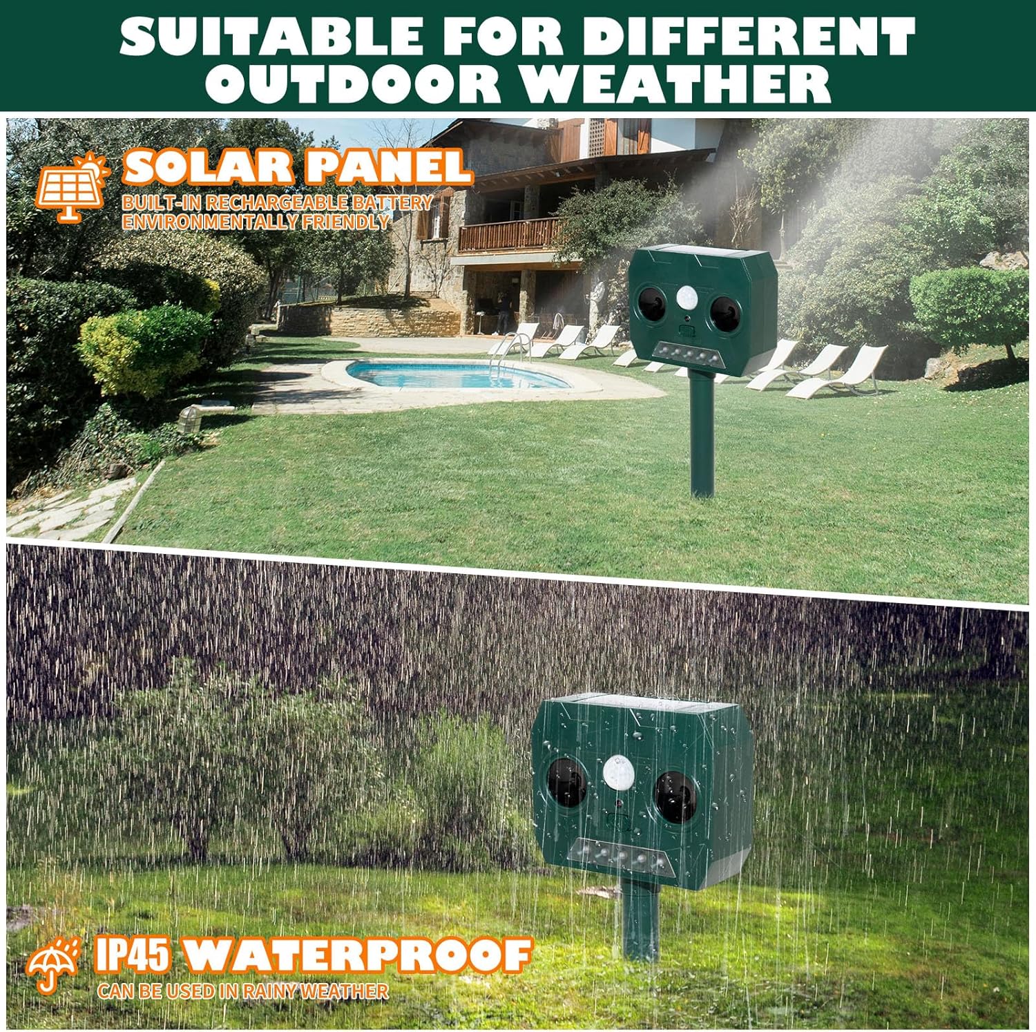 Repelente solar ultrassônico para gatos e cães, à prova d'água IP44, 8m, 110°, espanta animais de jardim com luz LED. - 6
