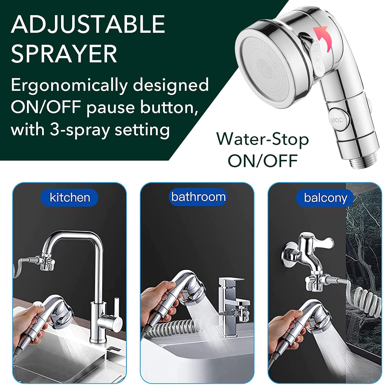 Ensemble Pommeau Douche pour Lavabo, 3 Modes Pommeau de Douchette de Salle de Bain Pomme de Douche à Main avec 3 Adaptateurs de Robinet, 1.5 Mètres Bl - 5