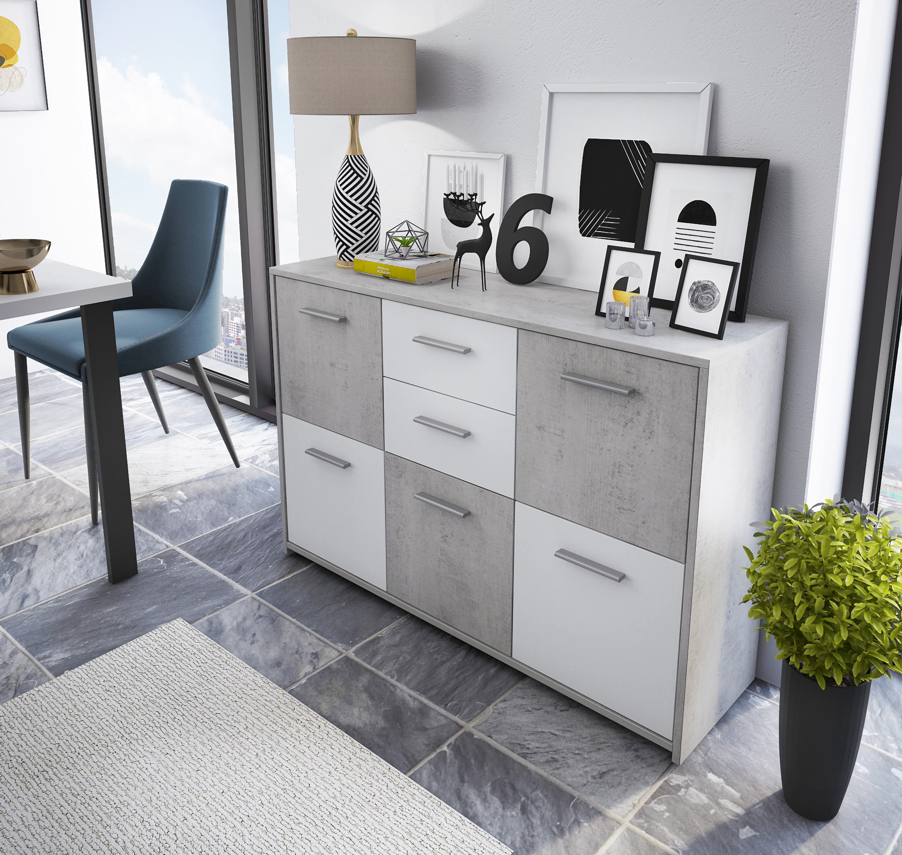 Merax Credenza a specchio, moderna cassettiera con 2 ante e 4 cassetti, con maniglie in cristallo, per soggiorno, sala da pranzo e camera da letto, 147,5 x 40 x 102 cm, colore