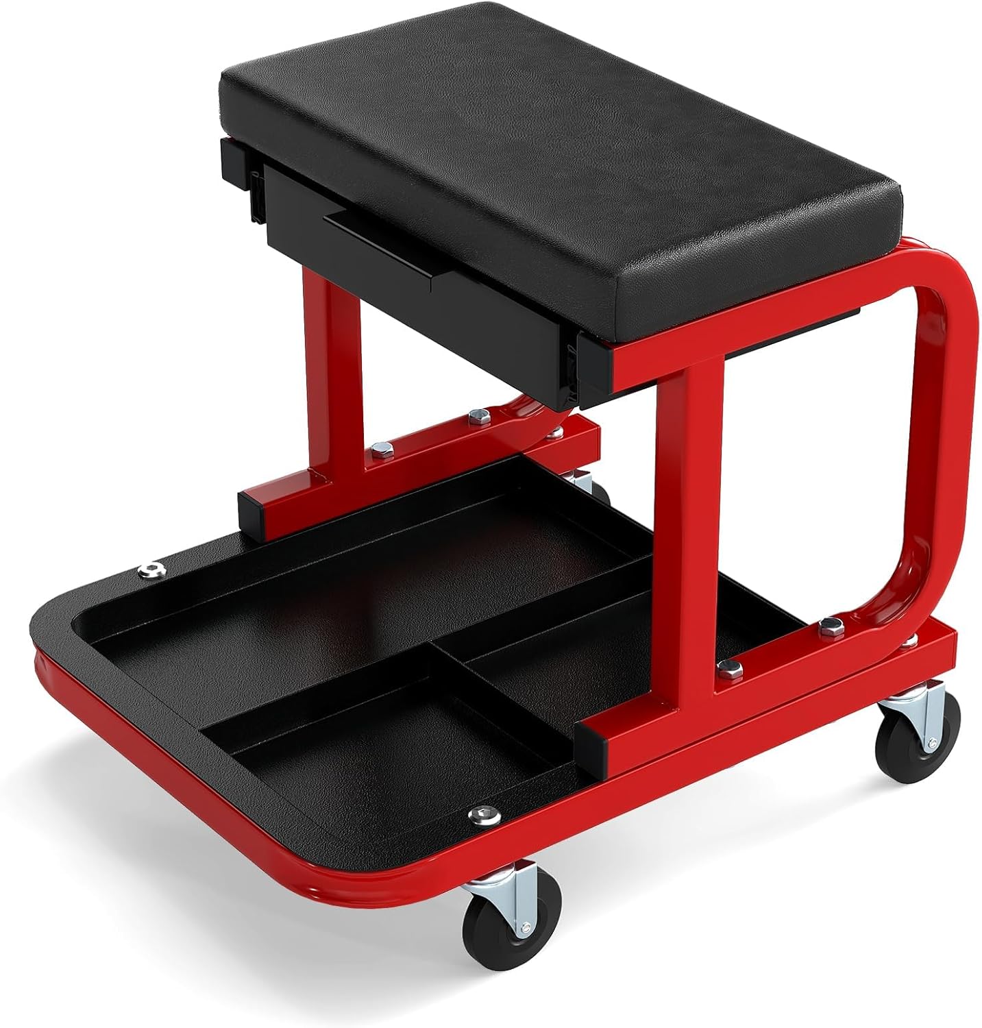 Stołek Warsztatowy na Kółkach, Nośność 185 kg, Tapicerowane Siedzisko, Wysuwana Szuflada i Regał na Narzędzia, do Garażu i Warsztatu (Czarny)