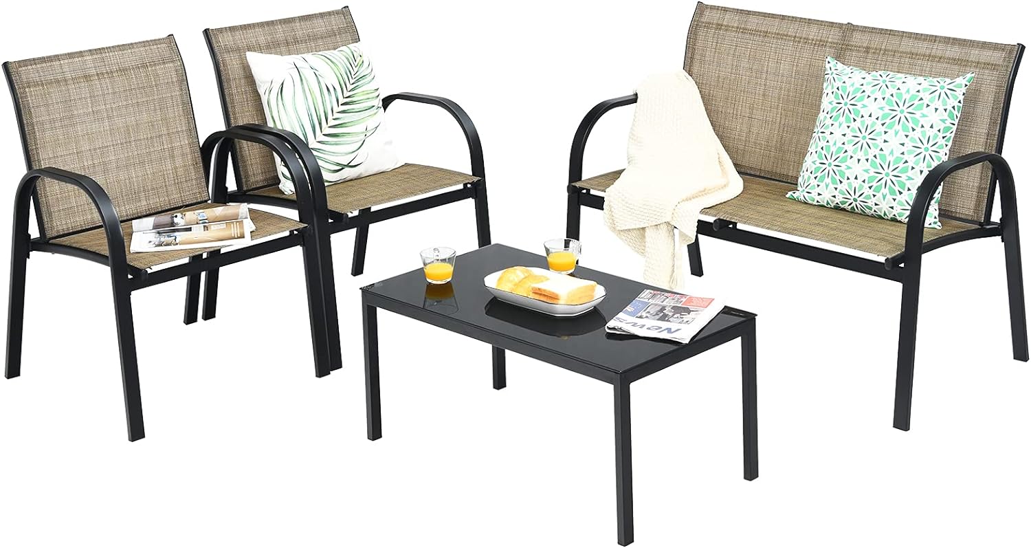 Zestaw Ogrodowy z Tekstylenu dla 4 Osób, 4 Elementy, 1 Stolik Szklany + 1 Sofa + 2 Fotele Ogrodowe/Basenowe/Tarasowe, Brązowy GIANTEX