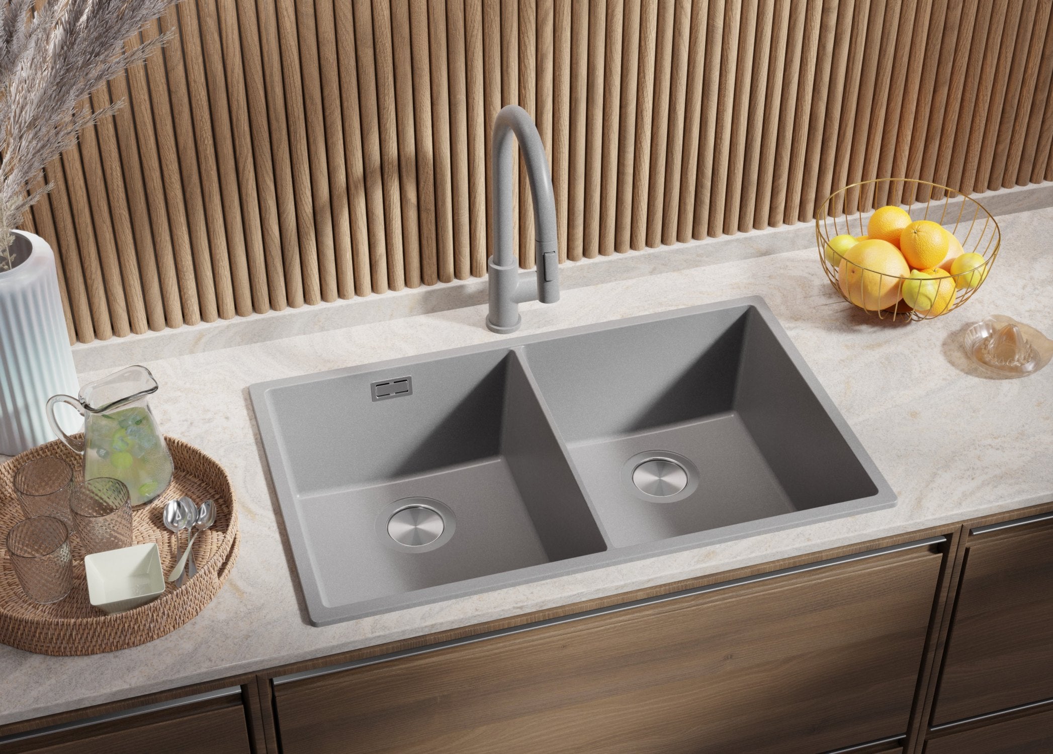 Zlewozmywak Szary 76x47cm, Zlew Kuchenny 2 Komorowy + Syfon, Nablatowy do szafki od 80cm - Londyn Slim Twin PRIMAGRAN