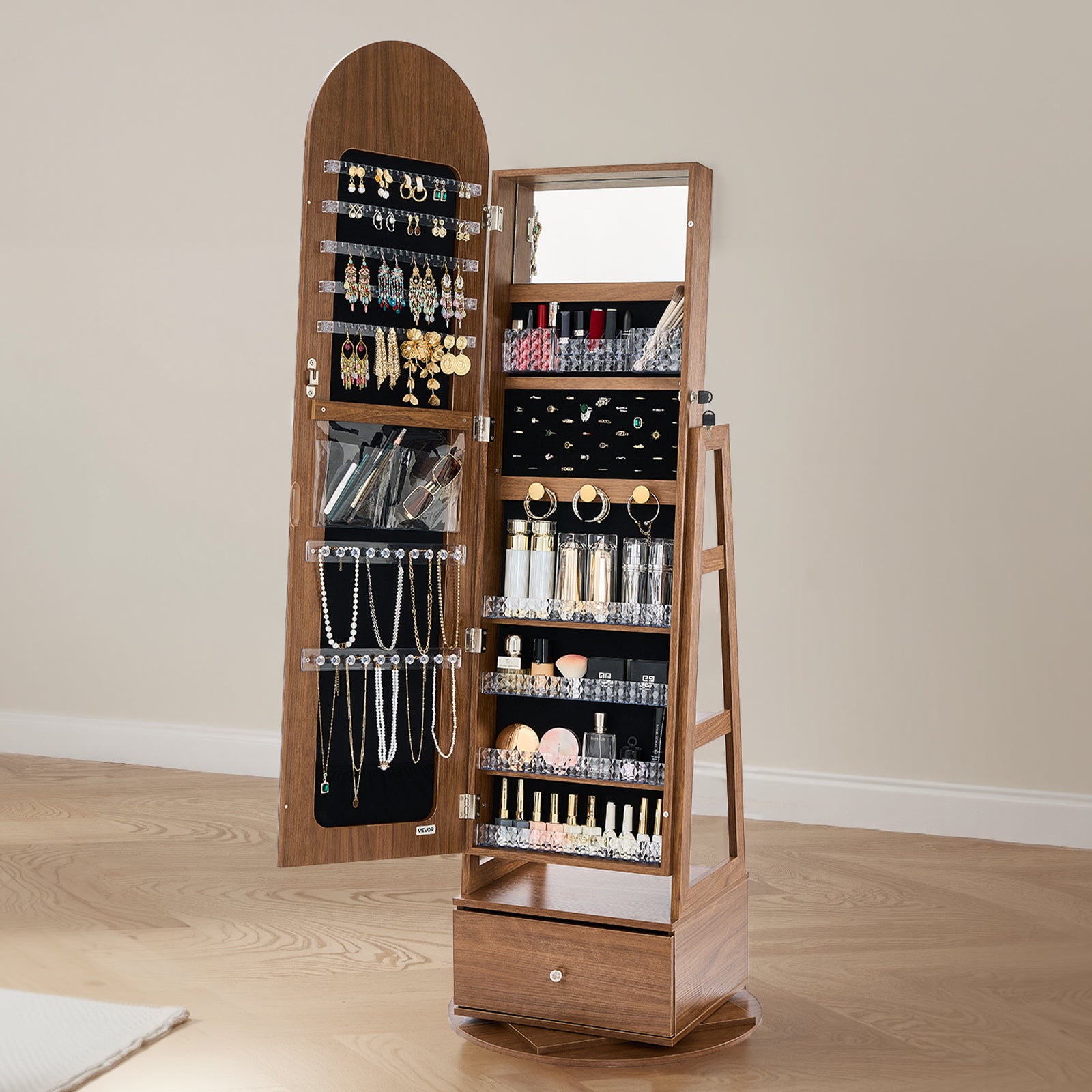 Armoire à Bijoux Pivotante VEVOR 360°, sur Pied 1650 mm avec Miroir Pleine Longueur, Tiroir, Rangement & Porte Verrouillable à 2 Clés, Pochettes - 8