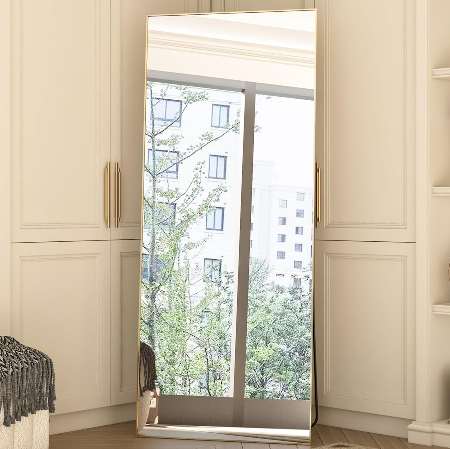 Espejo rectangular grande de 165 x 60 cm, espejo de cuerpo entero, espejo de dormitorio de pie o de pared, marco de aluminio, espejo dorado - 4