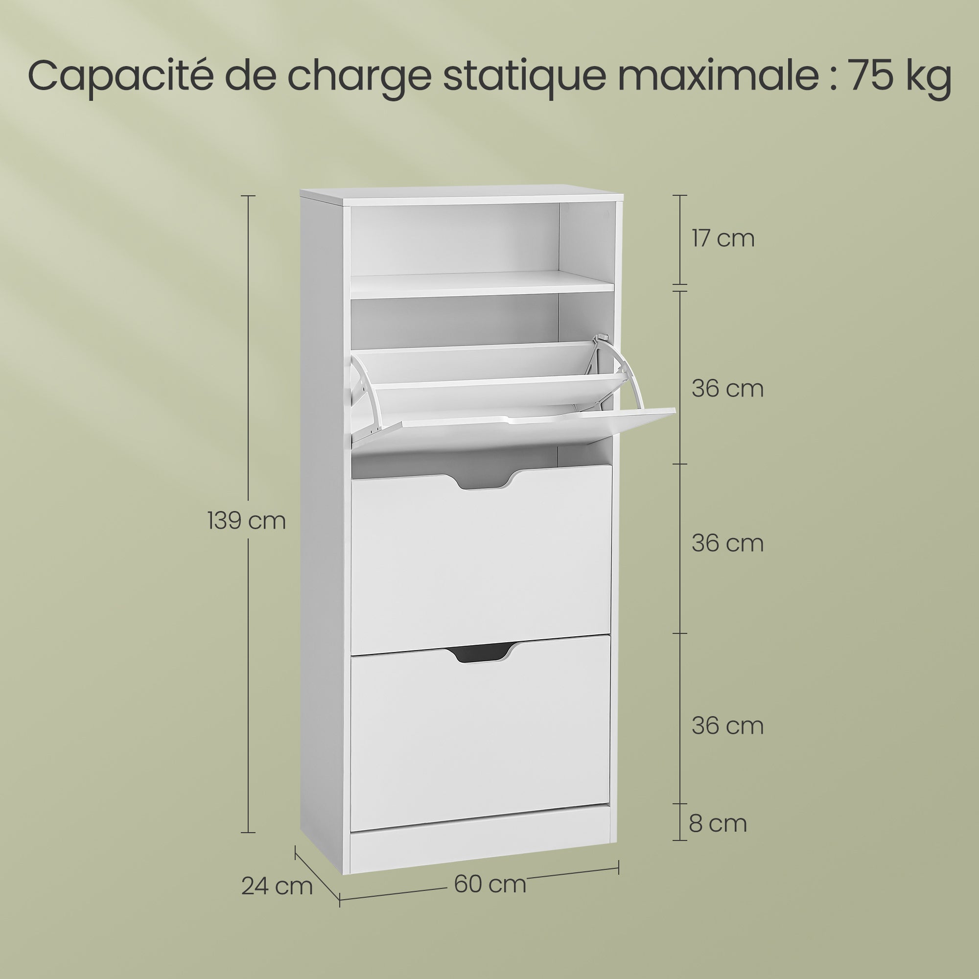 Meuble à Chaussures à 3 Abattants, avec Compartiment Ouvert et Séparateur Ajustable, pour 14 à 18 Paires, Entrée, 24,1 x 60,1 x 139,1 cm, Blanc - 5