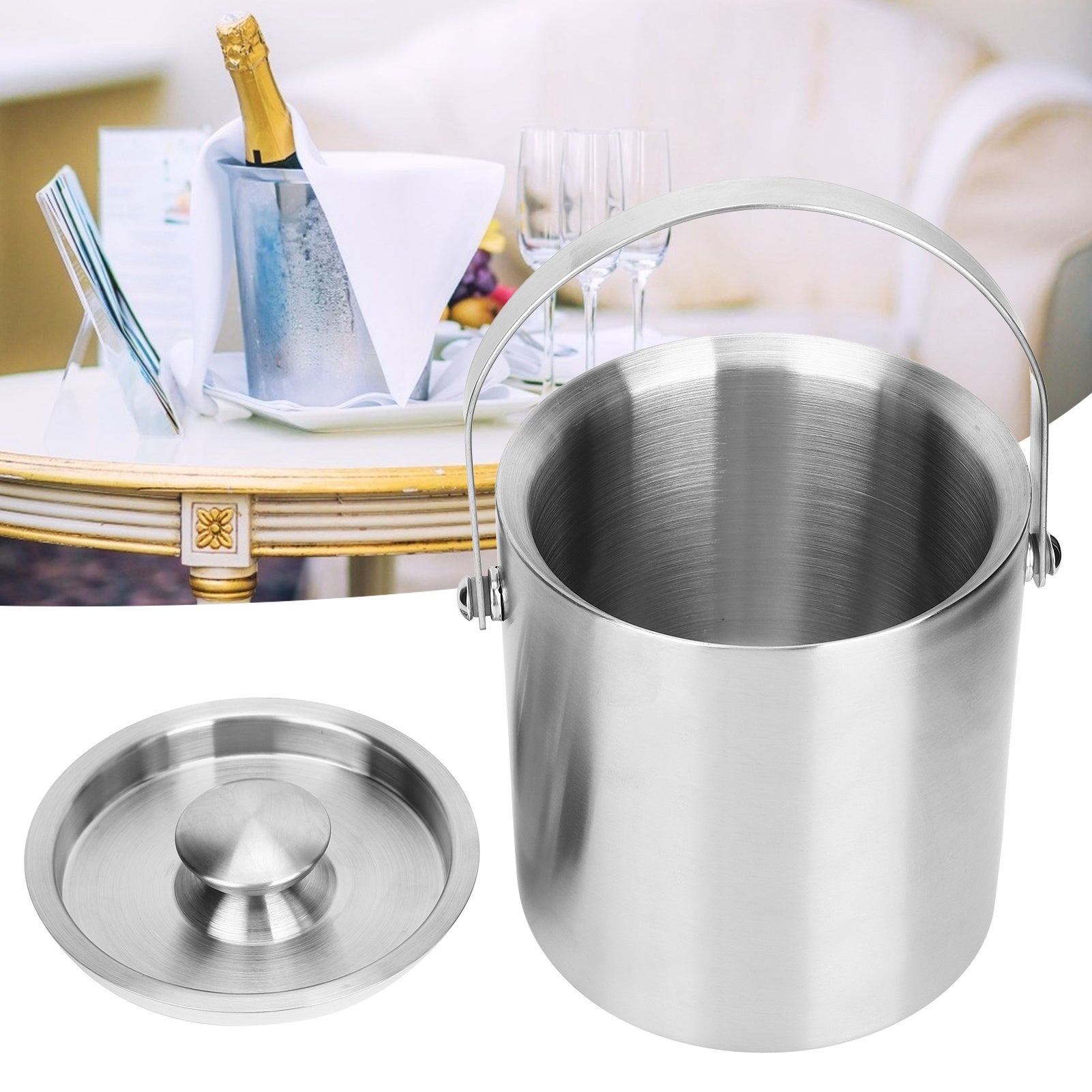 2L / 3L Alta Capacità Secchio di Ghiaccio Doppio Strato Acciaio Inossidabile Argento Doppia Parete Secchio di Ghiaccio con Coperchio e Maniglia per Nozze Party Ristorante Picnic (3L
