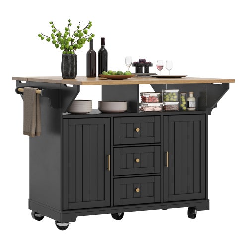 Îlot de Cuisine Extensible Pliable 120×40(80)×95cm Noir, Chariot sur Roulettes 360°, 3 Tiroirs 2 Portes, avec Porte-serviettes - Maison