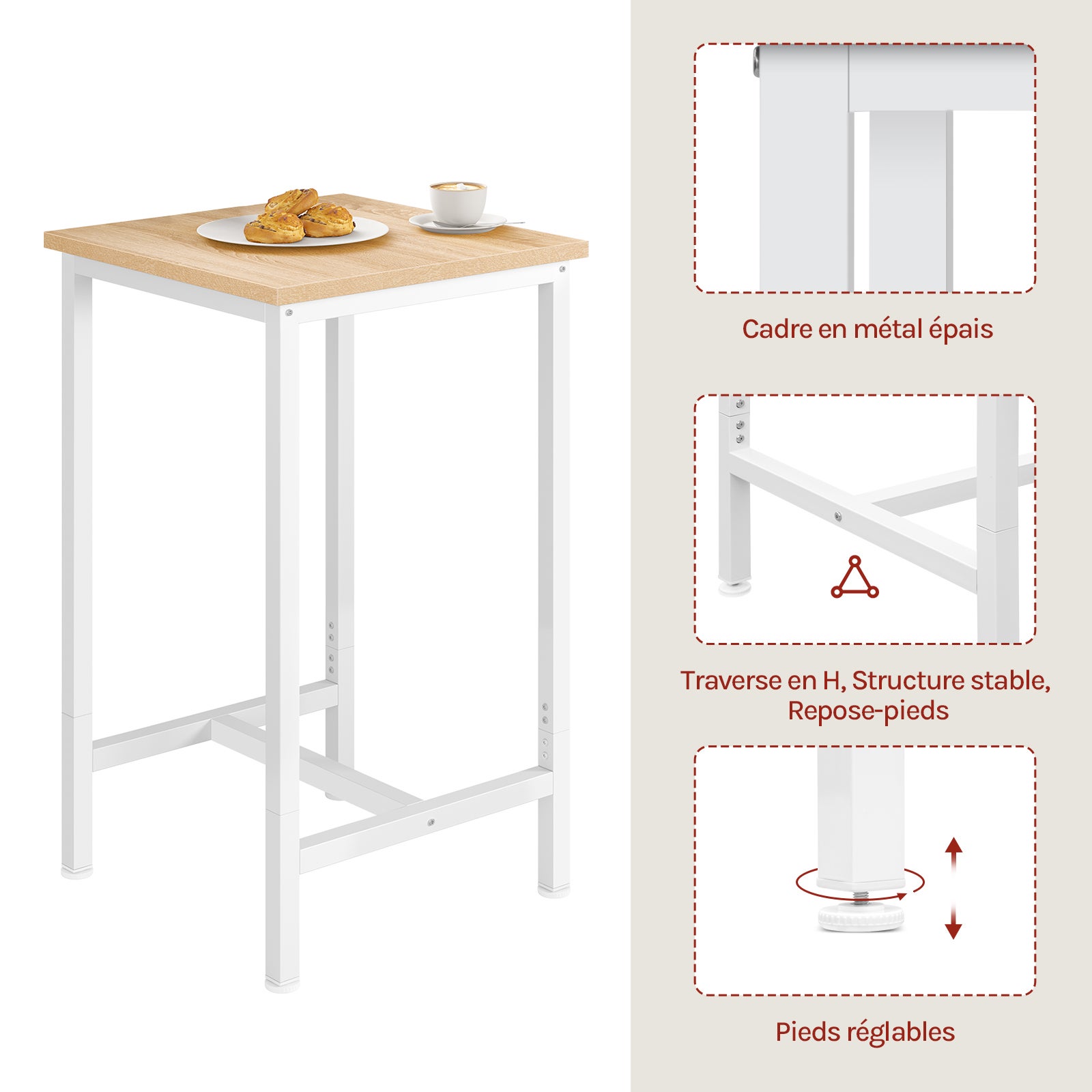 Table de Bar,Table de Cuisine Carré 60x60x102cm en aggloméré et métal,Table de bistrot Table Haute,Chêne Clair WOLTU - 5