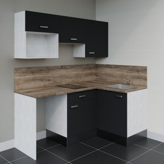 Kitchenette 128 cm modèle KA03 - Façades Noir - Plan de travail Bois - Crédences Oui - Evier