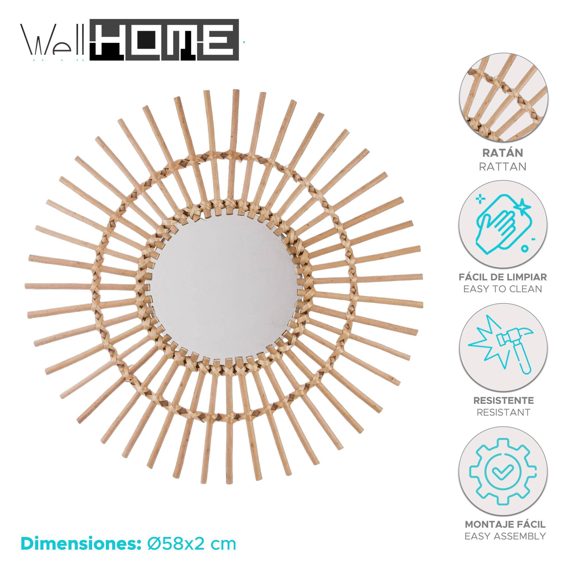 WELLHOME Espejo de ratán SOL beige Ø58cm - 2