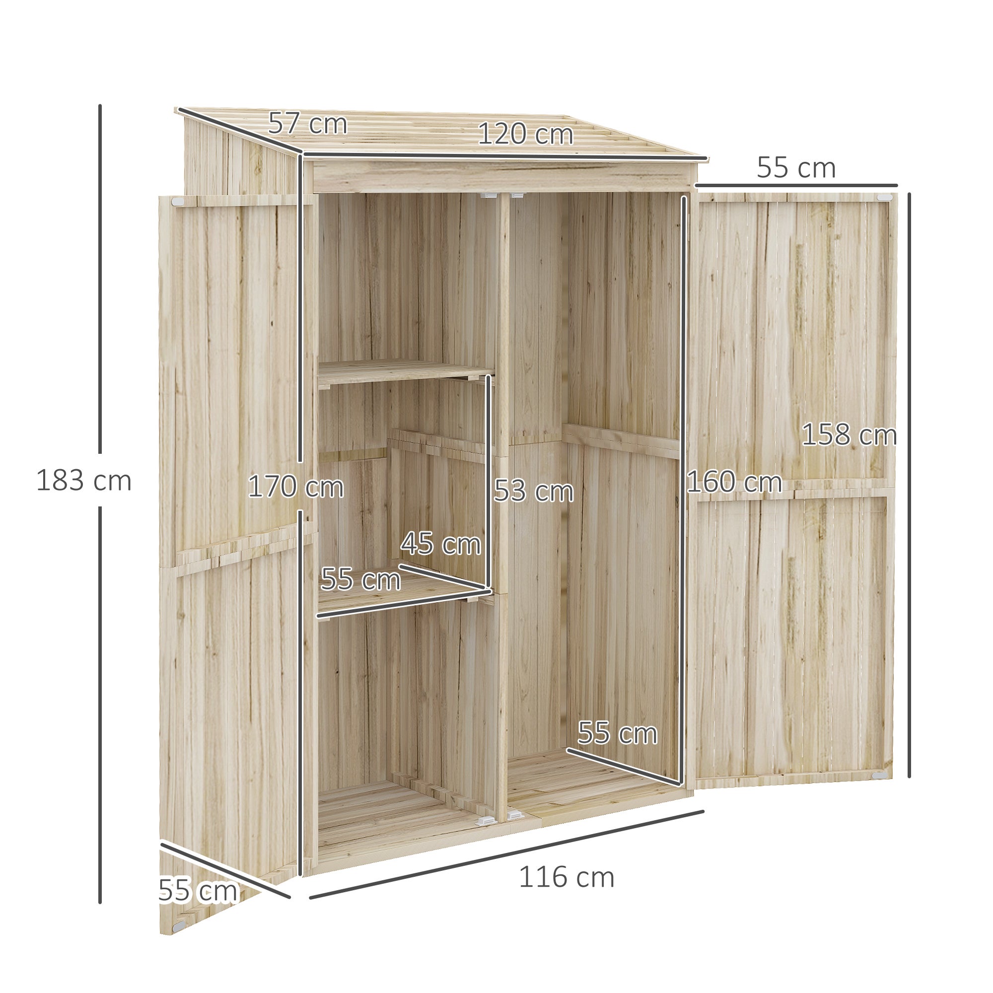 Outsunny Casetta da Giardino in Legno di Abete con 2 Porte e Ripiani, 120x57x183cm, Naturale - 3