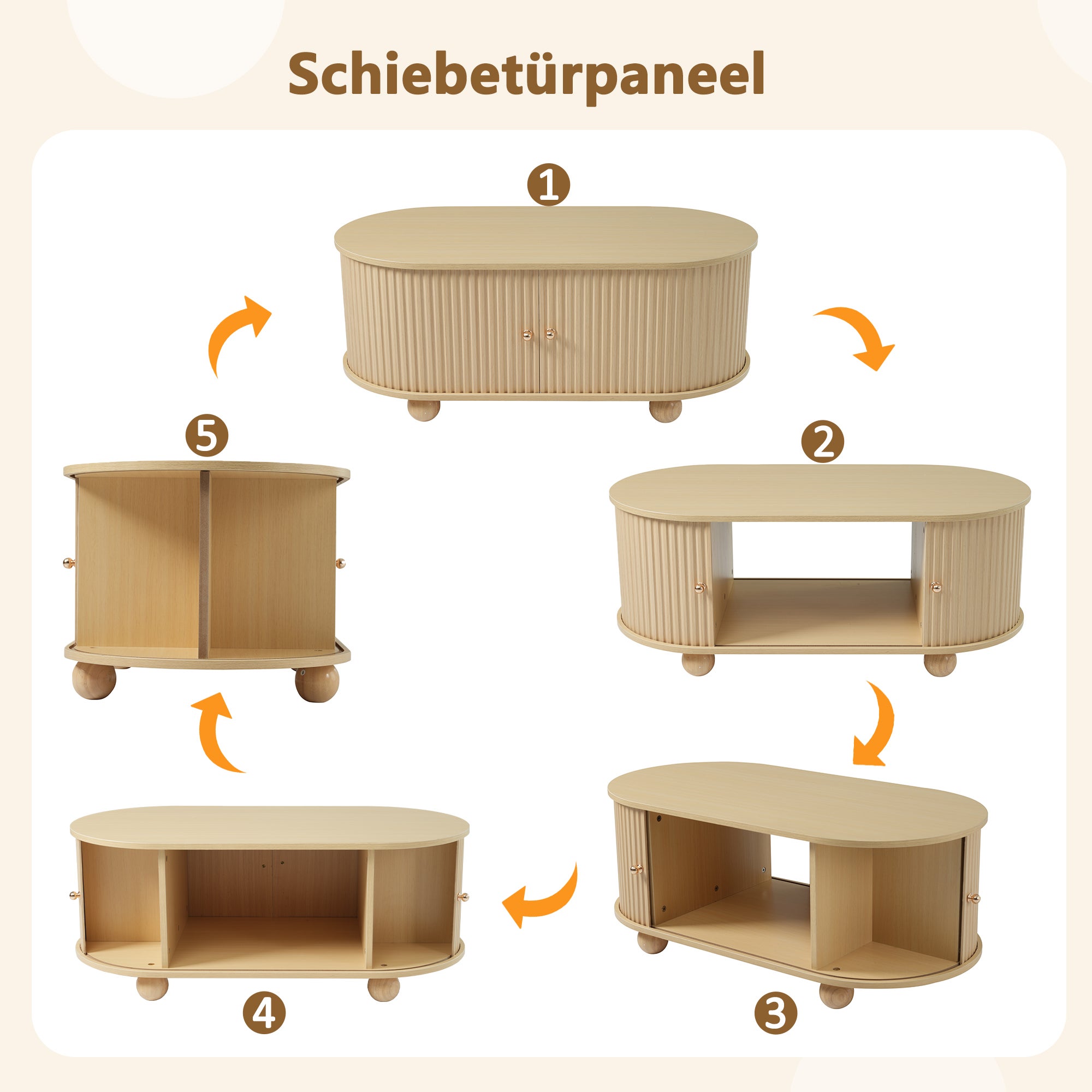 Table basse ovale avec 2 portes coulissantes et compartiment - 100 x 50 x 40 cm - Bois MDF - Couleur bois - 5