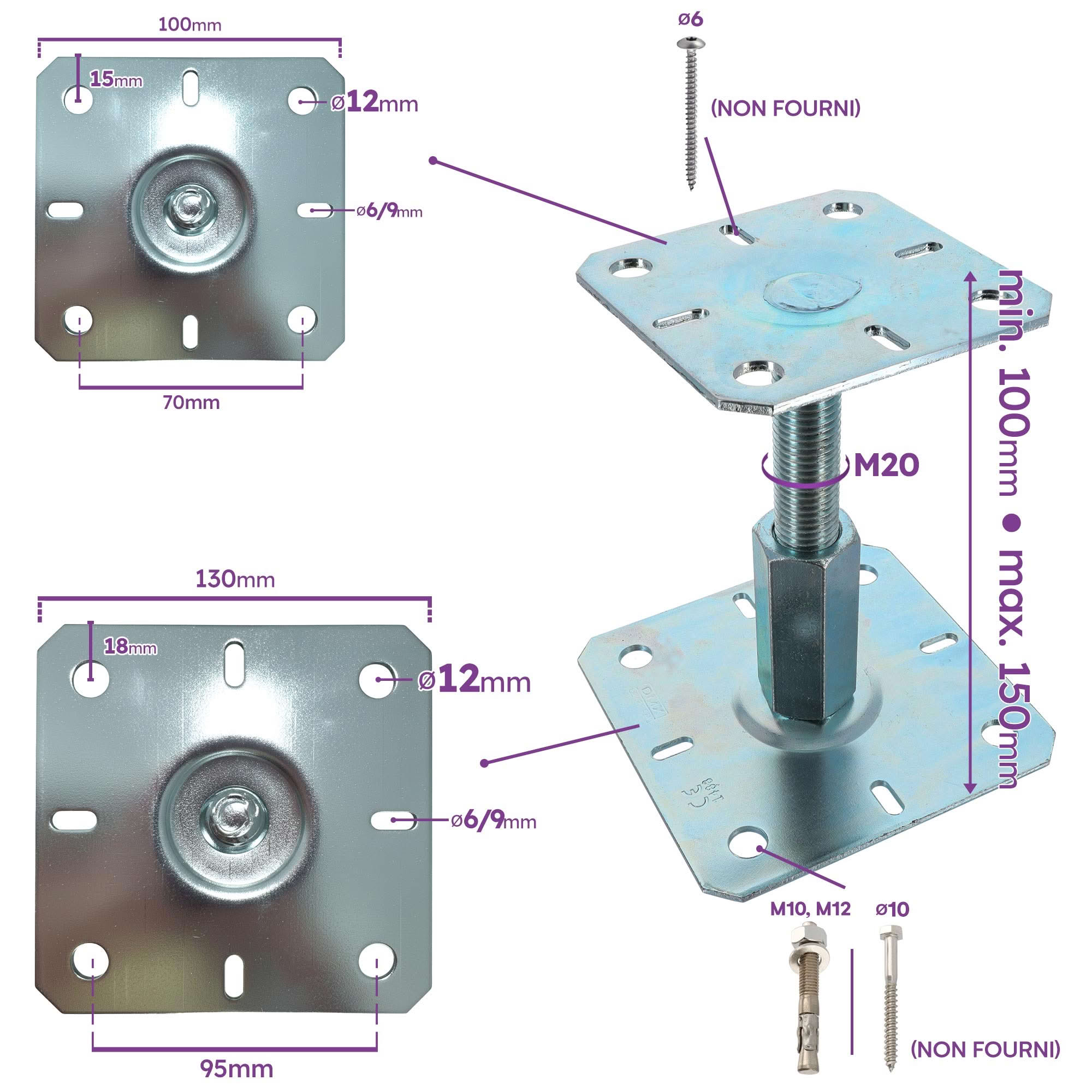 4 embases pieds de poteau réglables par vis - Platine 100mm - Base 130 mm - M20 - Acier galvanisé à chaud - Fabrication Europe - 2