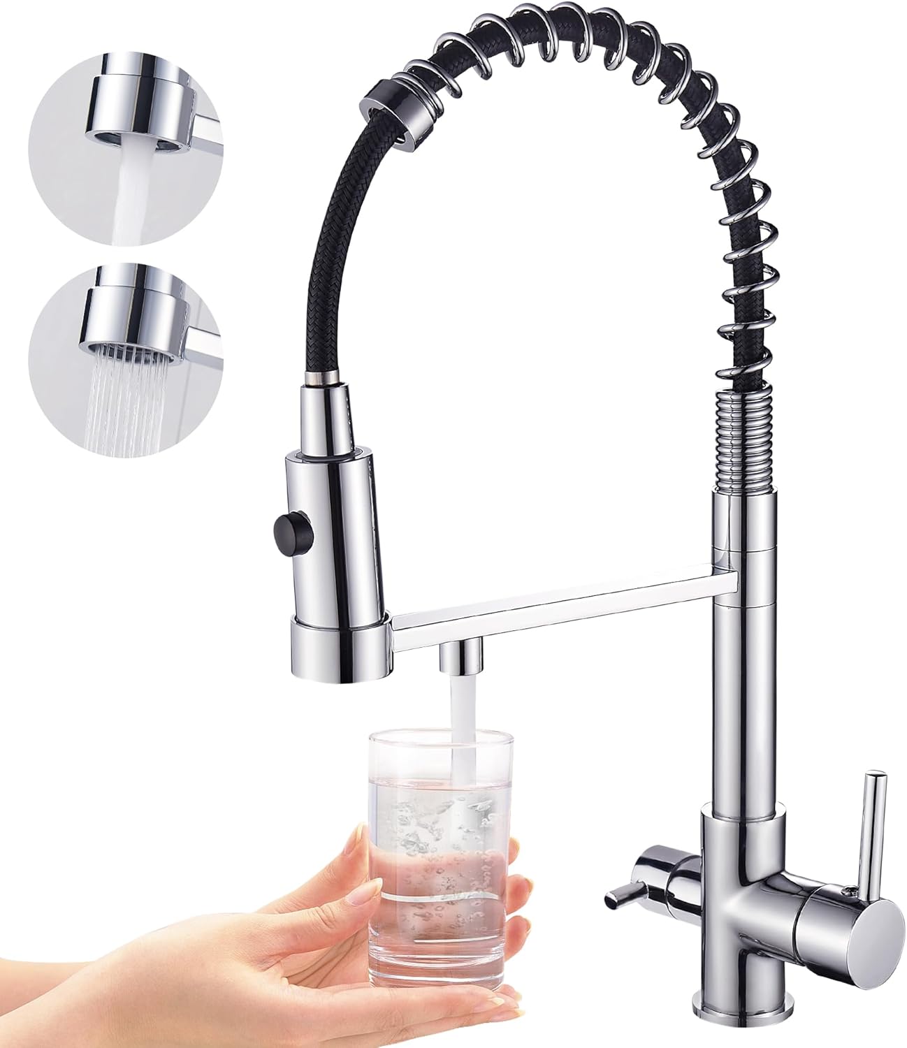 Trójdrożny kran kuchenny, wyciągany kran kuchenny, mosiężny kran zlewozmywakowy, bateria mieszaczowa z filtrem do wody 3 w 1 (chrom)