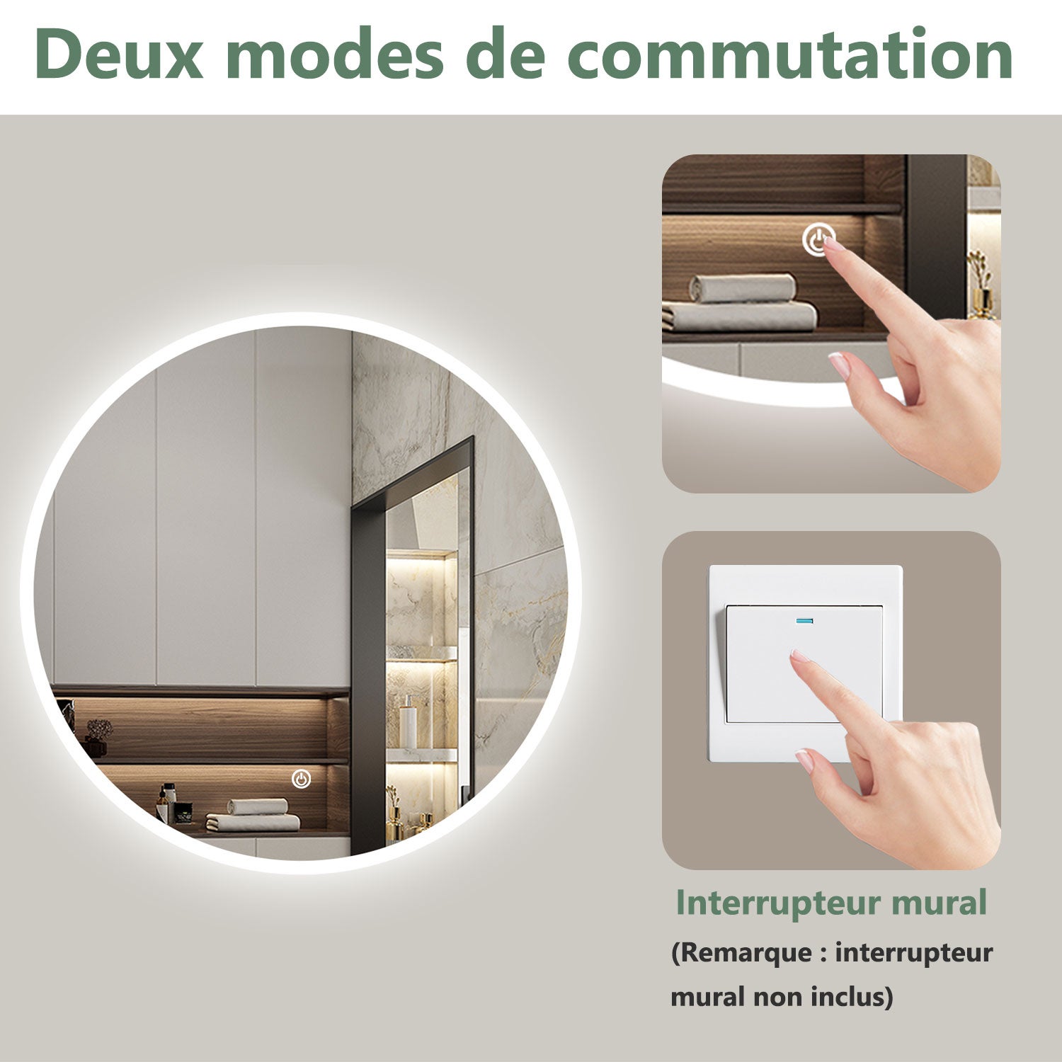 AICA Miroir lumineux rond 70cm,3 couleurs + dimmable + anti-buée + mémoire, miroir salle de bain - 6
