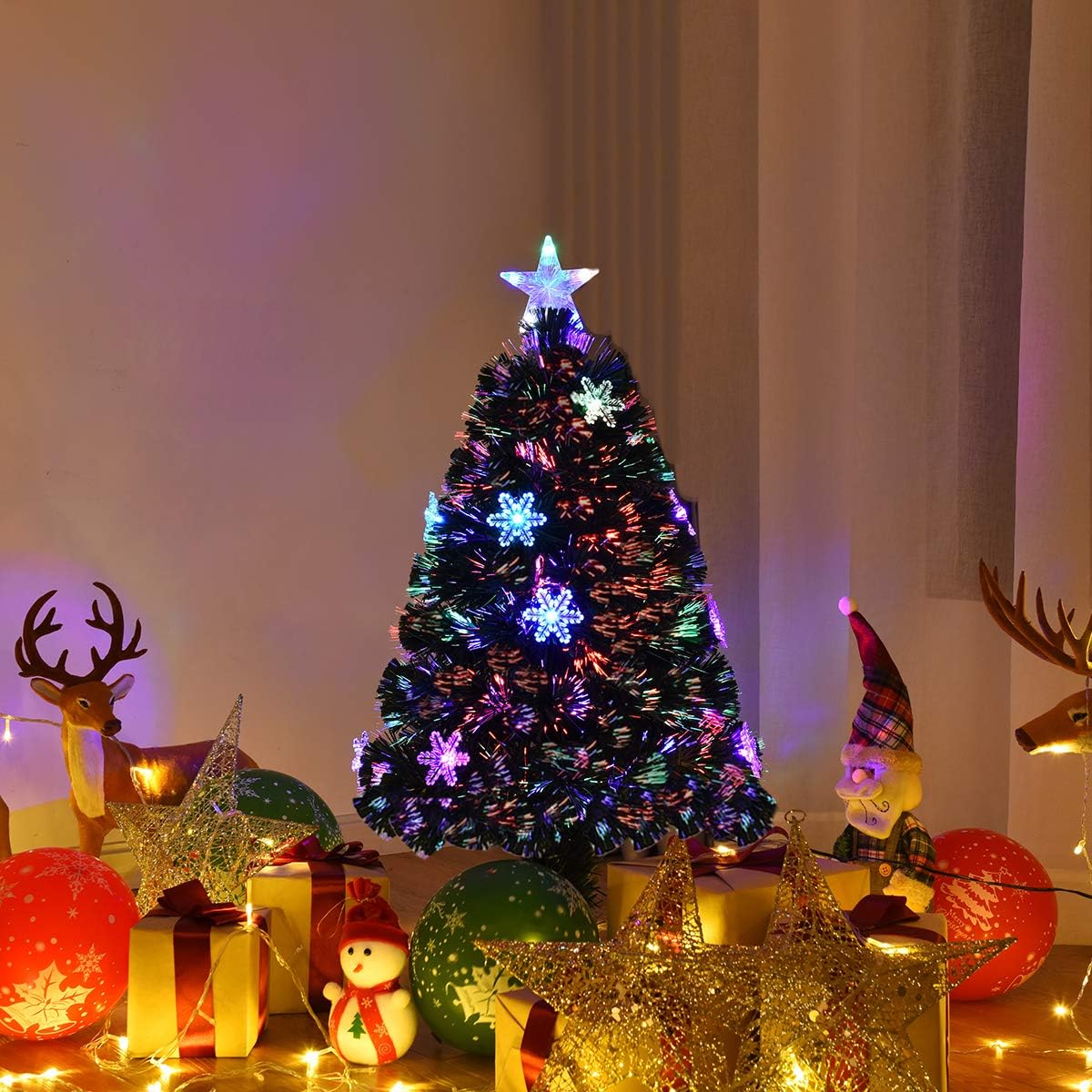 GIANTEX Árbol De Navidad Artificial Con Luces LED Y Fibra De Vidrio, Con Soporte De Metal, Ramas Densas, Forma De Copo De Nieve, Decoración Para Hogar, Tienda (120 Cm