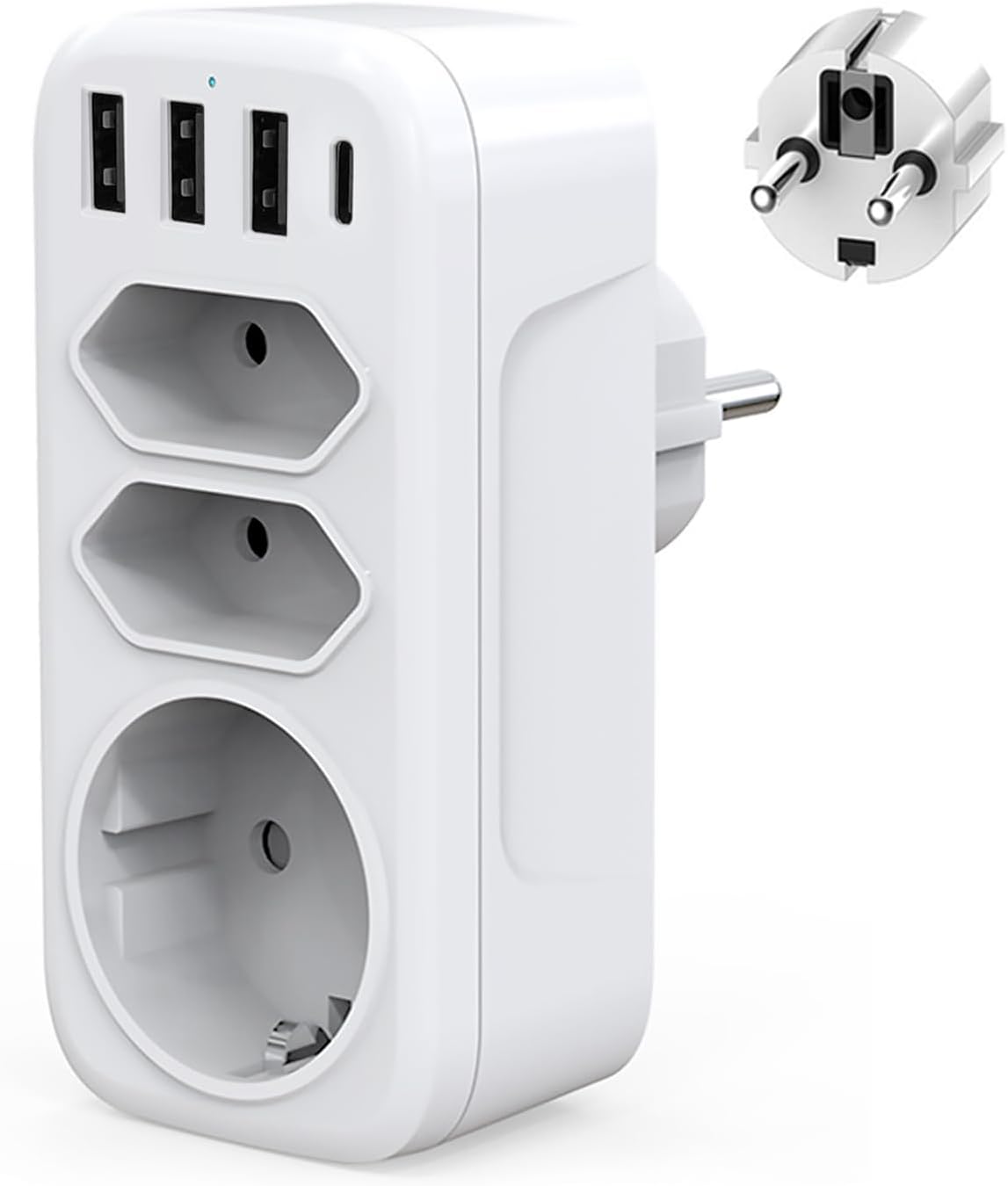 Presa Multipla 7-in-1 Con USB – 3 Prese Schuko + 3 USB-A + 1 USB-C, 4000W, Salvaspazio E Portatile, Per Casa, Ufficio E Viaggio, Bianco