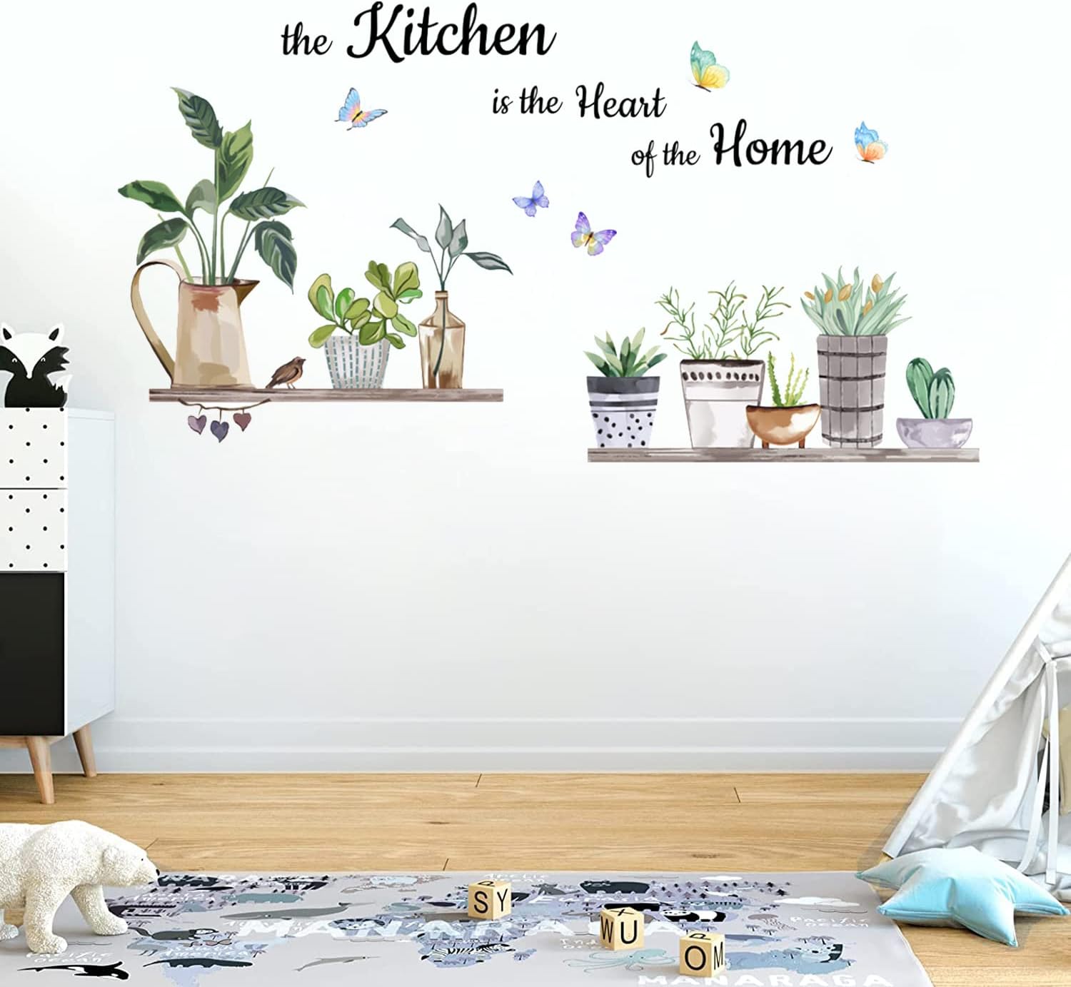 Pegatinas de pared para cocina, diseño de plantas y mariposas, con hojas verdes y proverbios, para restaurante, habitación infantil