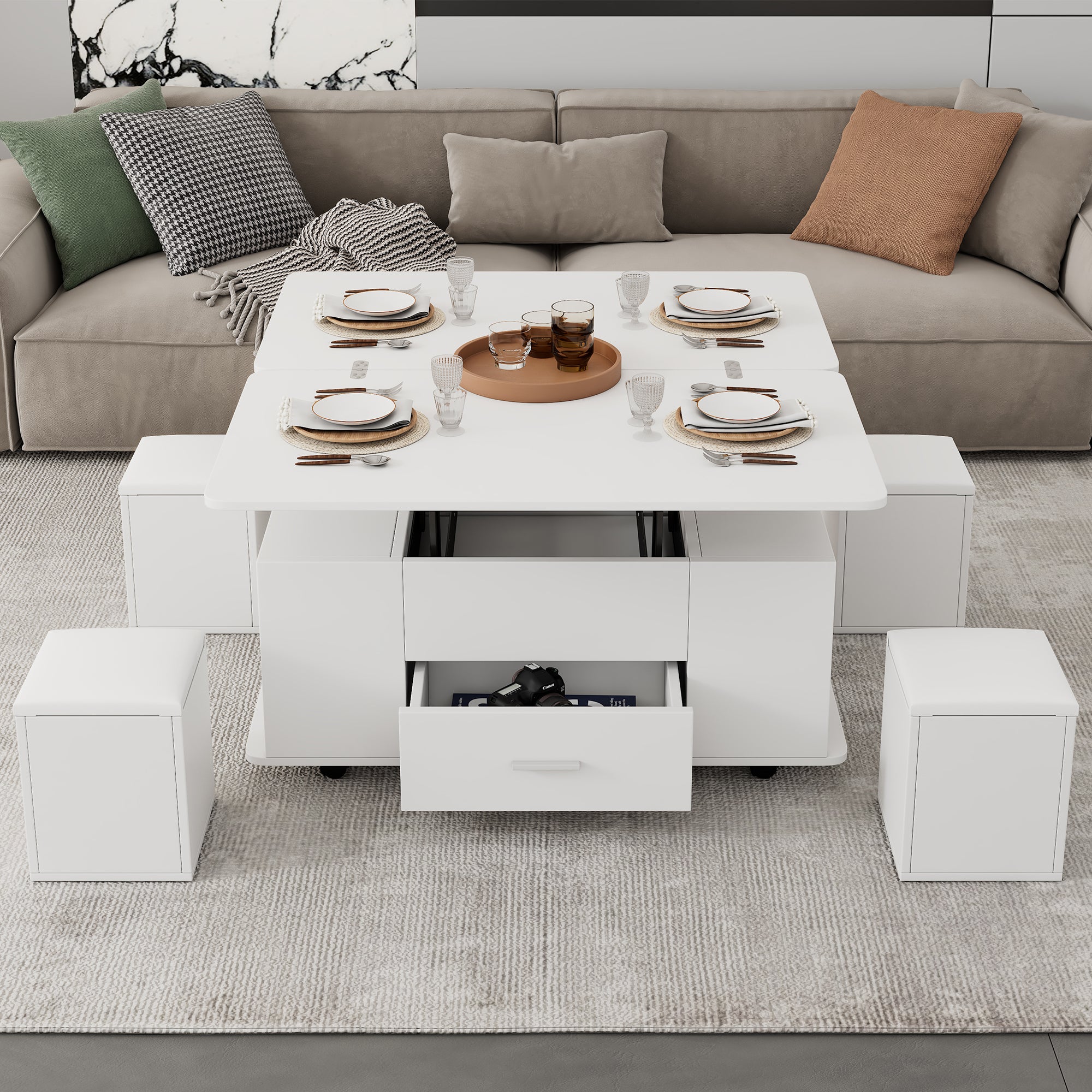 Table basse avec plateau relevable, 1 tiroir et 4 tabourets - 100 x 50 x 45 cm - Panneau de particules - Blanc - 3