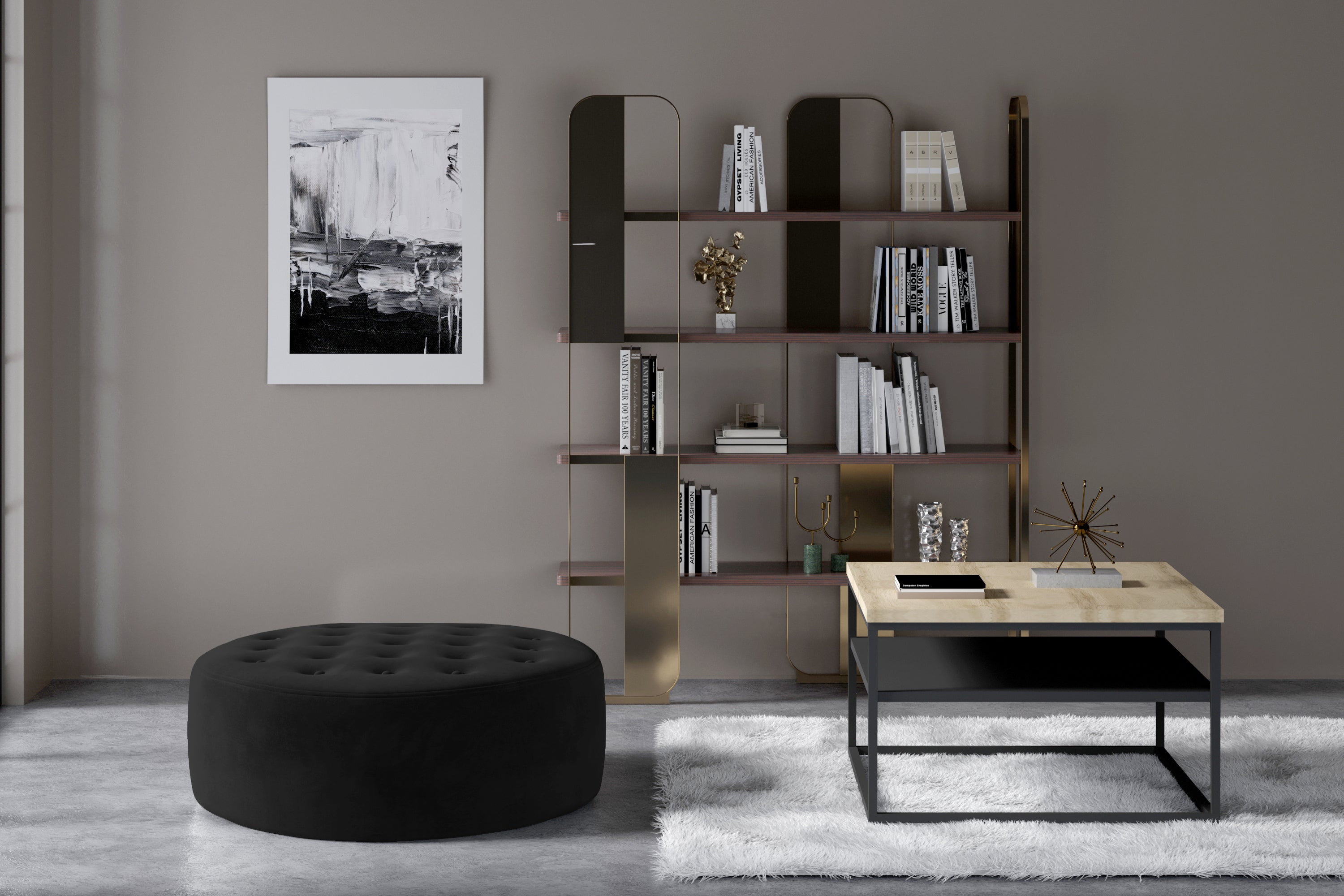 Pouf rond matelassé velours noir Styla 70cm - 2