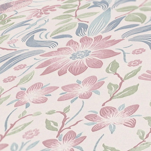 Papier peint fleurs beige, rouge, bleu et vert - 53 cm x 10.05 m - Livingwalls
