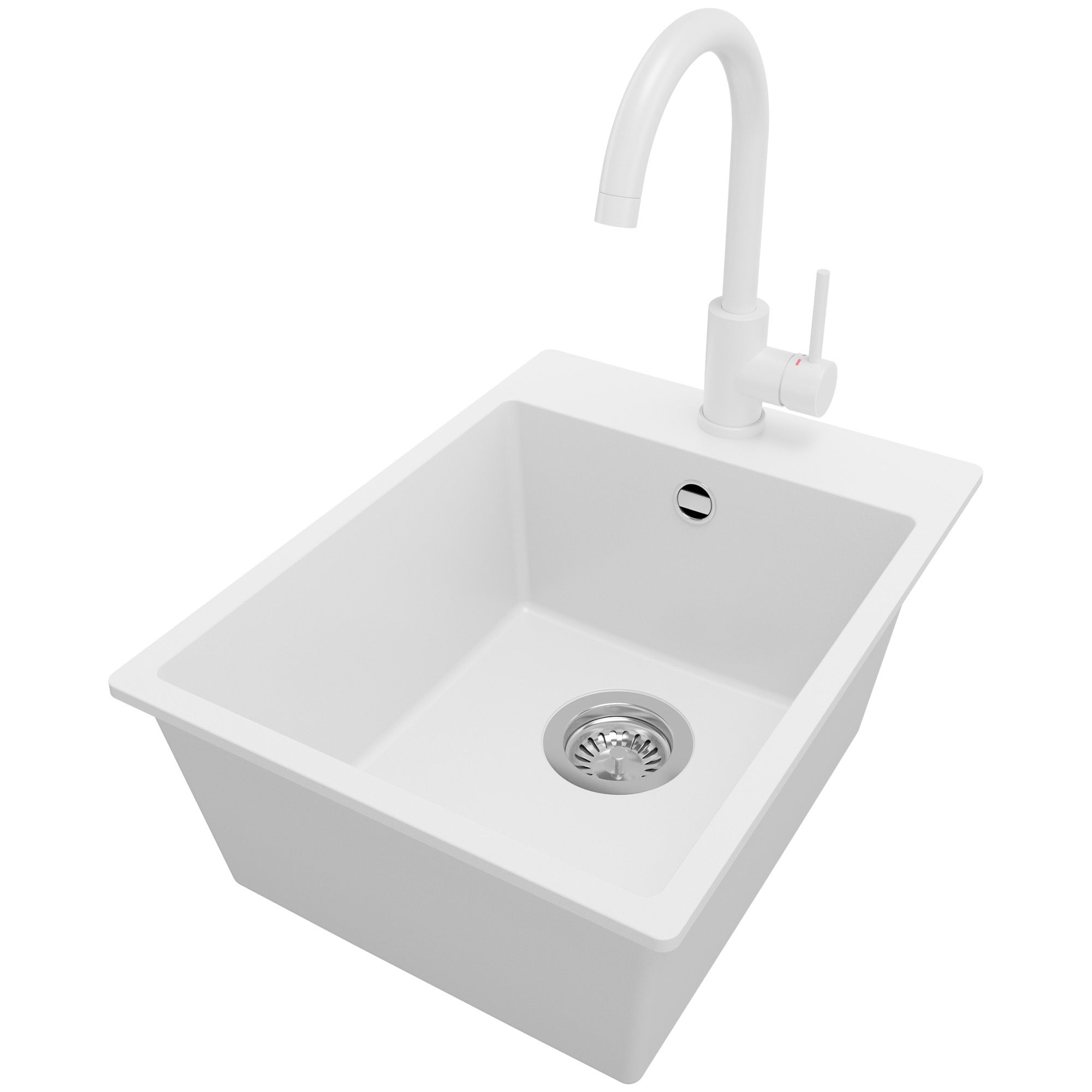Zlewozmywak Granitowy Biały 38x50cm, Zlew Kuchenny 1 Komorowy + Bateria 32x20cm + Syfon, Nablatowy do szafki od 40cm - Ryga PRIMAGRAN