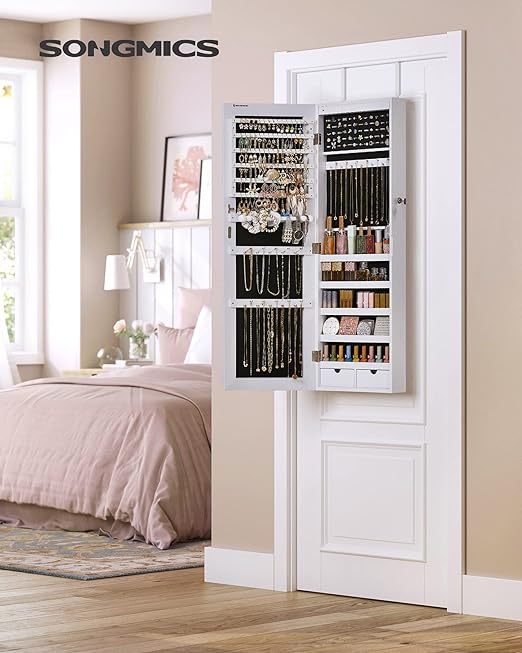 Armoire à Bijoux avec Miroir Long, Rangement Bijoux avec 6 Lampes LED, à Suspendre à la Porte ou à Fixer au Mur, Blanc - 2