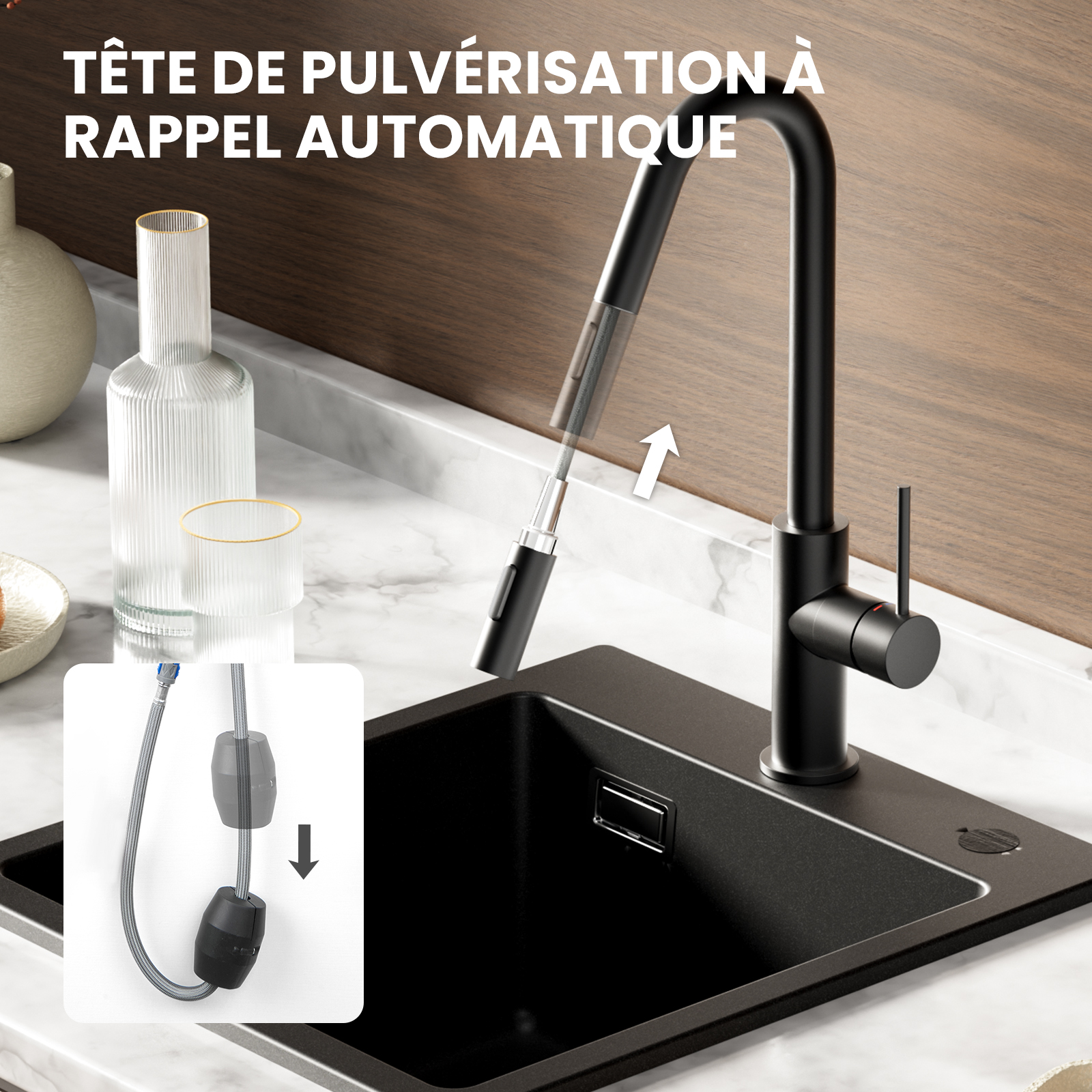 Misturador para lava-loiça com spray extraível Misturador de cozinha preto com misturador spray extraível 2 modos de saída de água - 3