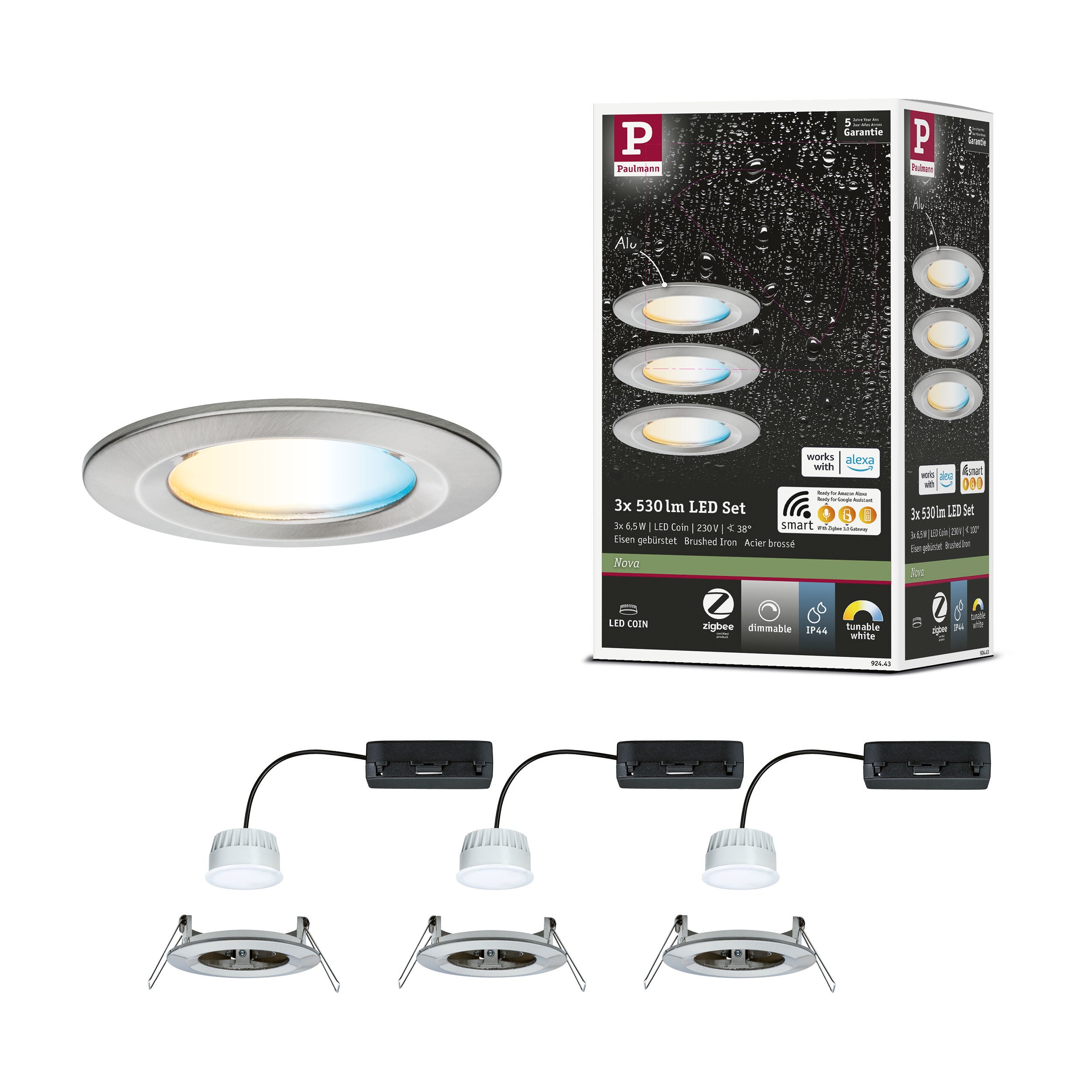 Spot encastré LED Nova Coin IP44 rond 78 mm Tunable White 3x6W 3x530lm 230V Acier brossé Aluminium