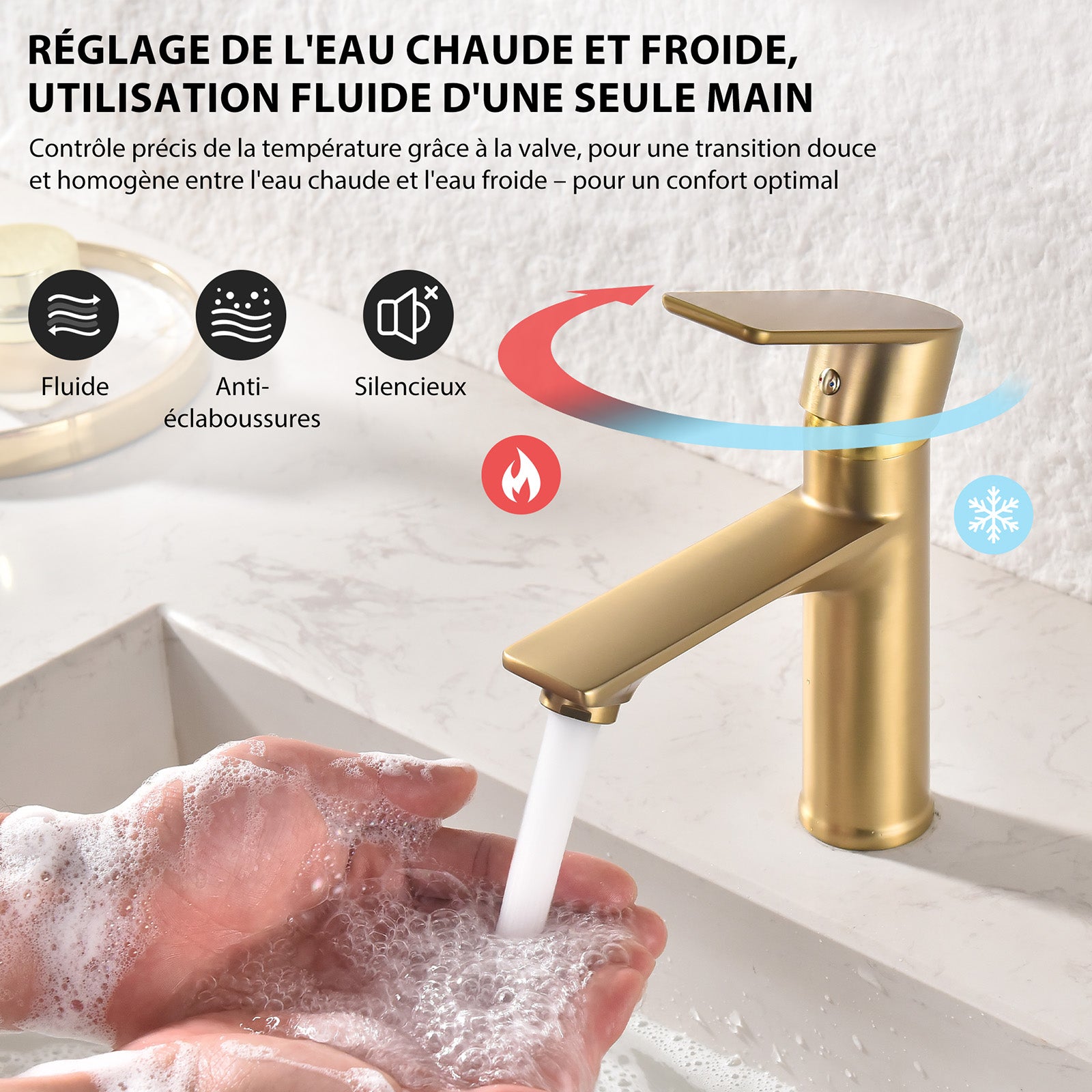 Mitigeur Lavabo Doré en Laiton avec Levier Unique, Robinet Salle de Bain Eau Chaude et Froide pour Lave-Mains - 2