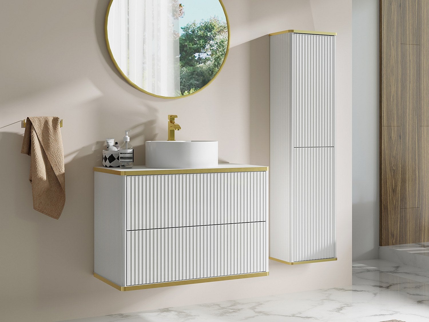 Podwieszana szafka łazienkowa prążkowana z okrągłą umywalką nablatową i kolumną - Biała - 80 cm - KELIZA