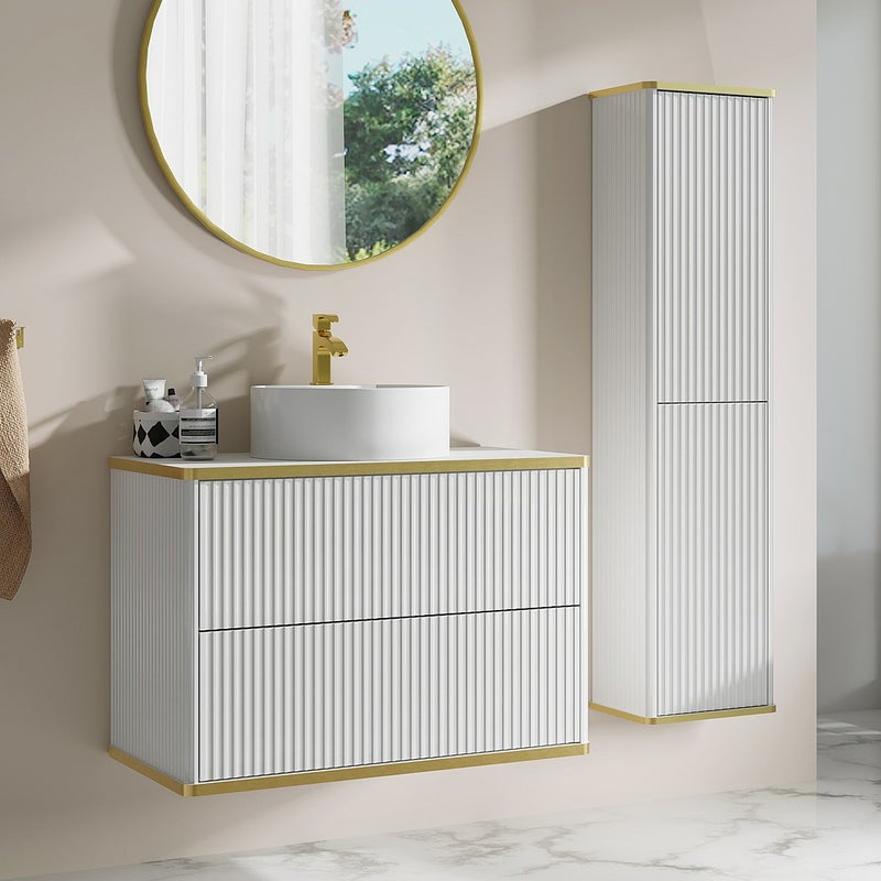 Podwieszana szafka łazienkowa prążkowana z okrągłą umywalką nablatową i kolumną - Biała - 80 cm - KELIZA